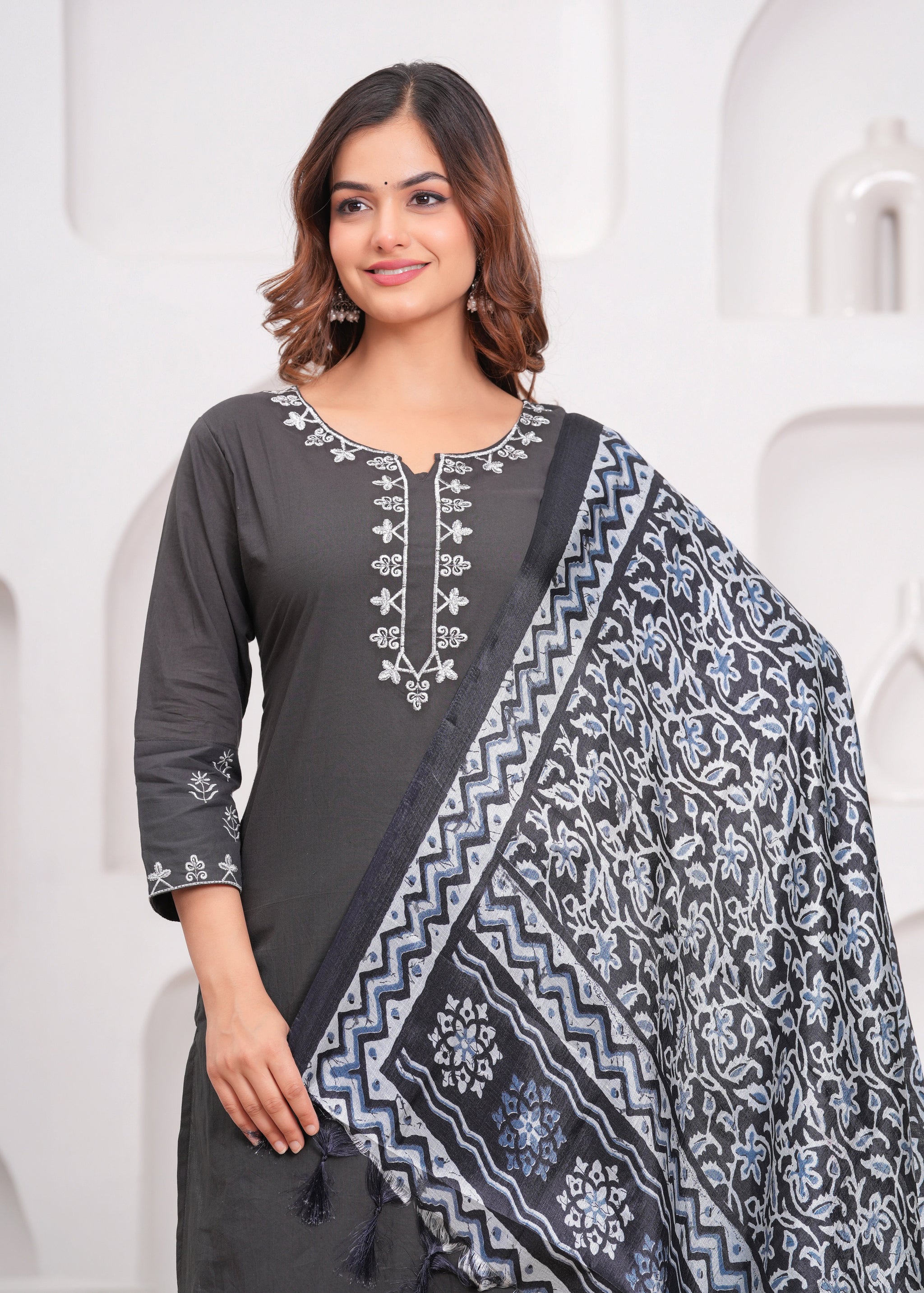 Dark Grey Embroidered Cotton Suit Set