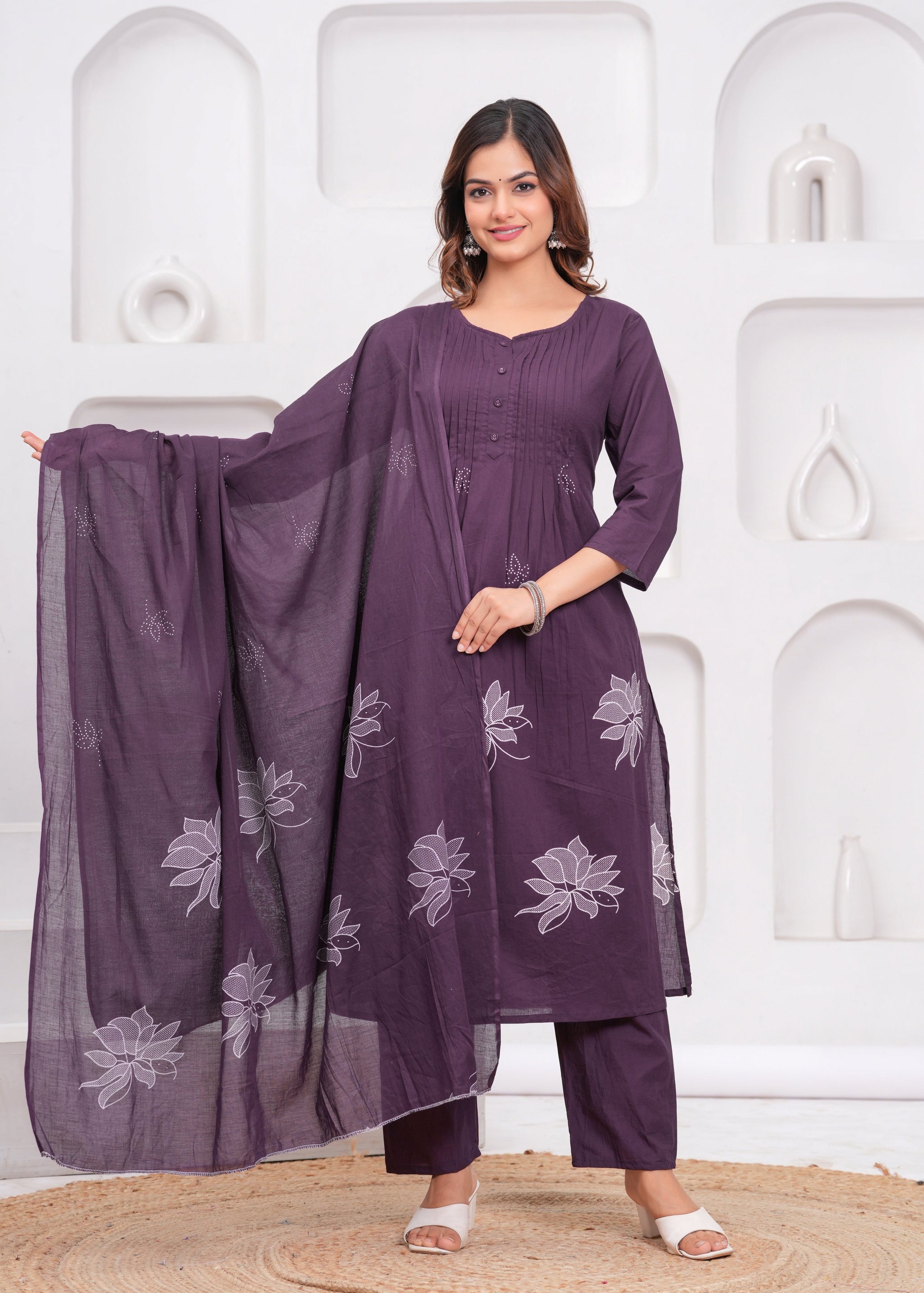 Grape Printx Work Cotton Suit Set with Dupatta