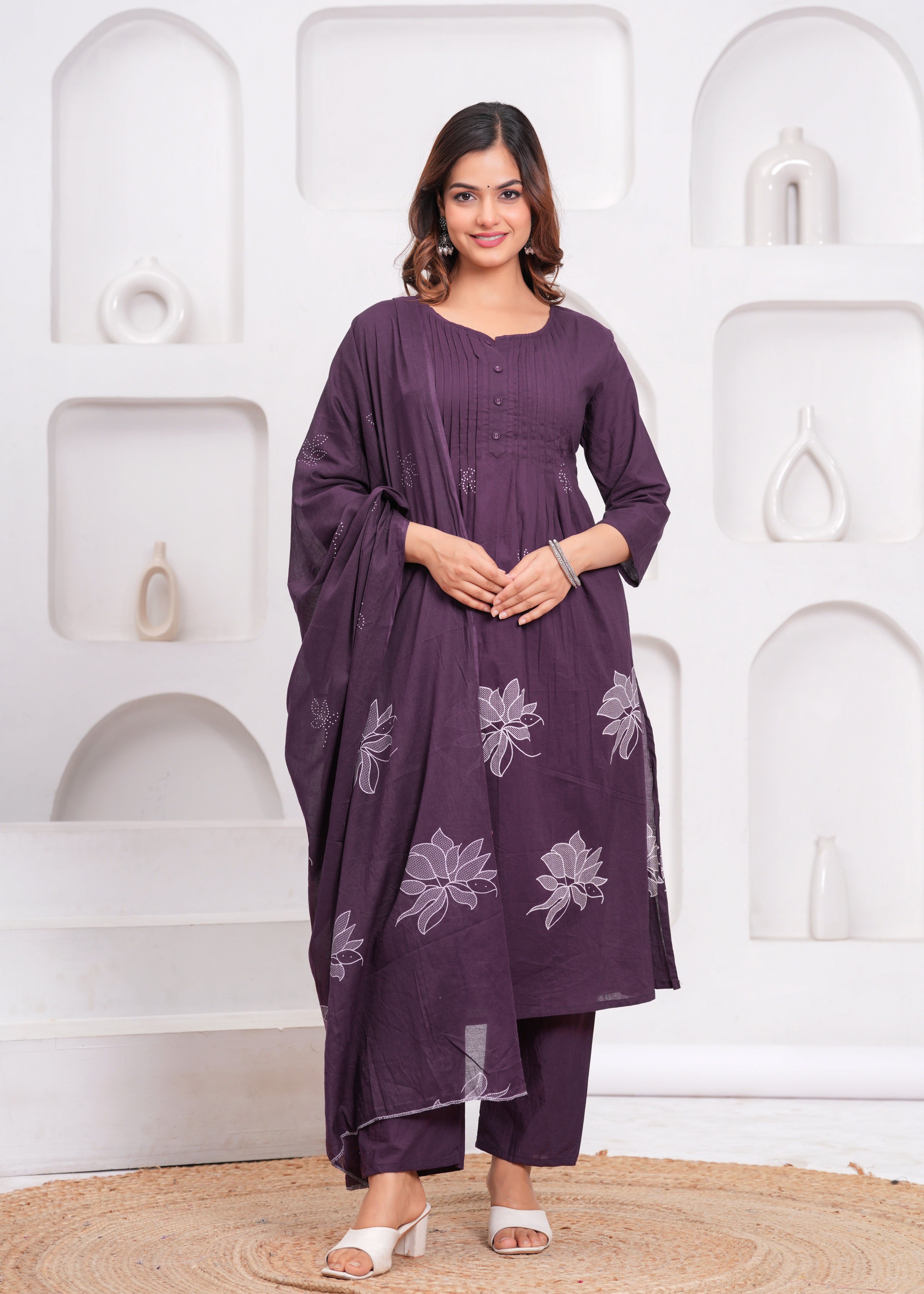 Grape Printx Work Cotton Suit Set with Dupatta