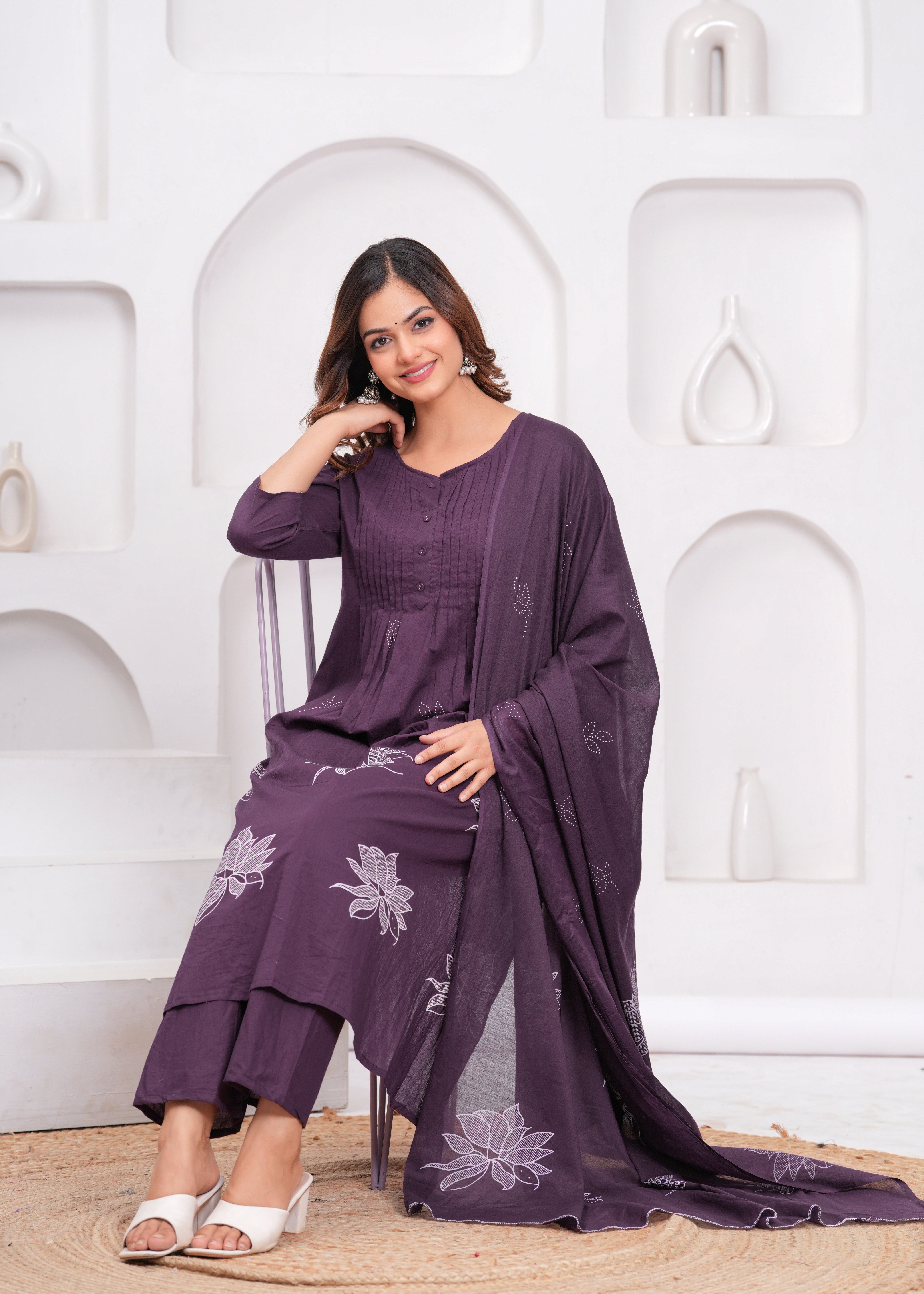 Grape Printx Work Cotton Suit Set with Dupatta