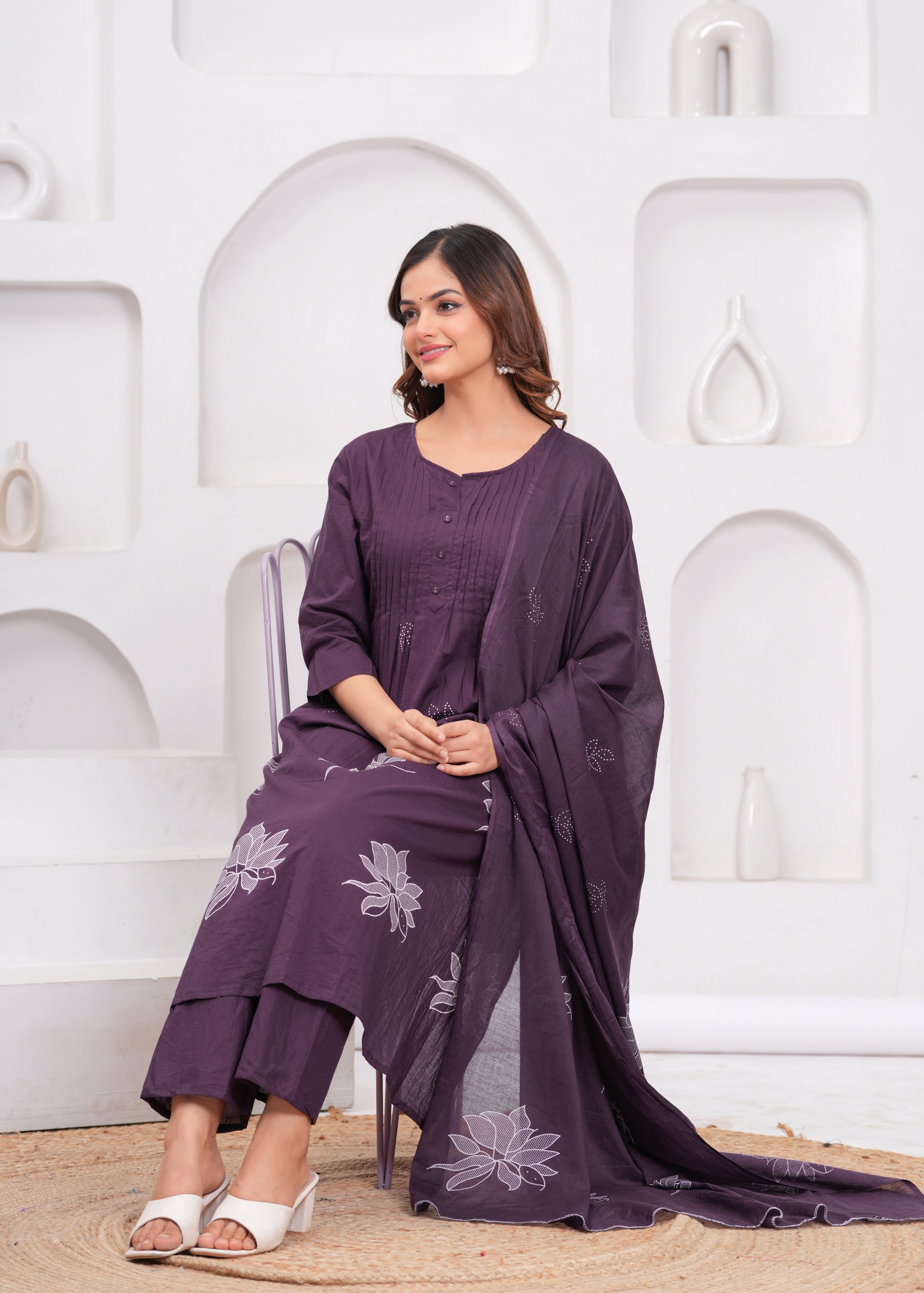 Grape Printx Work Cotton Suit Set with Dupatta