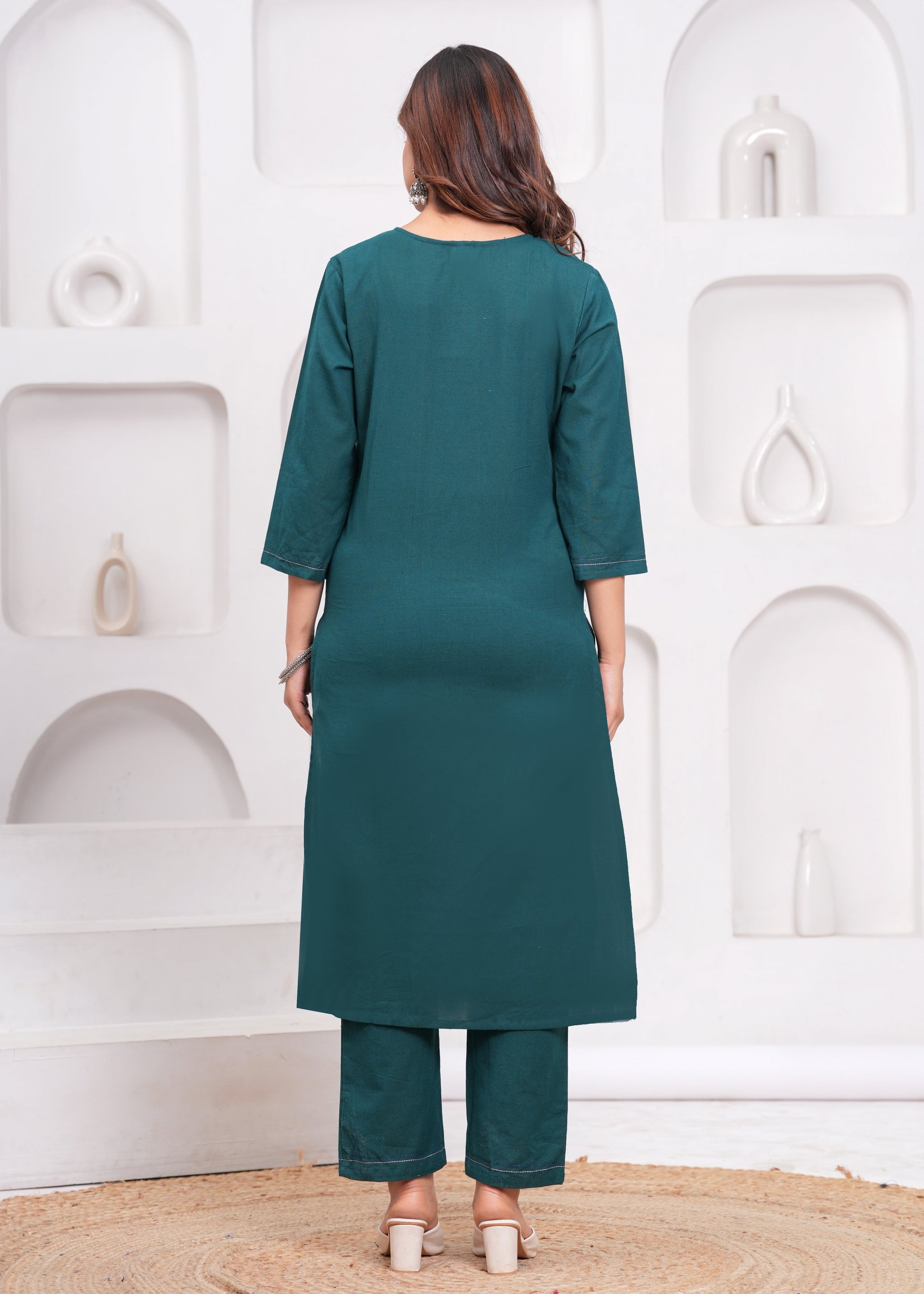 Sea Turtle Green Embroidered Cotton Flex Suit Set with Dupatta