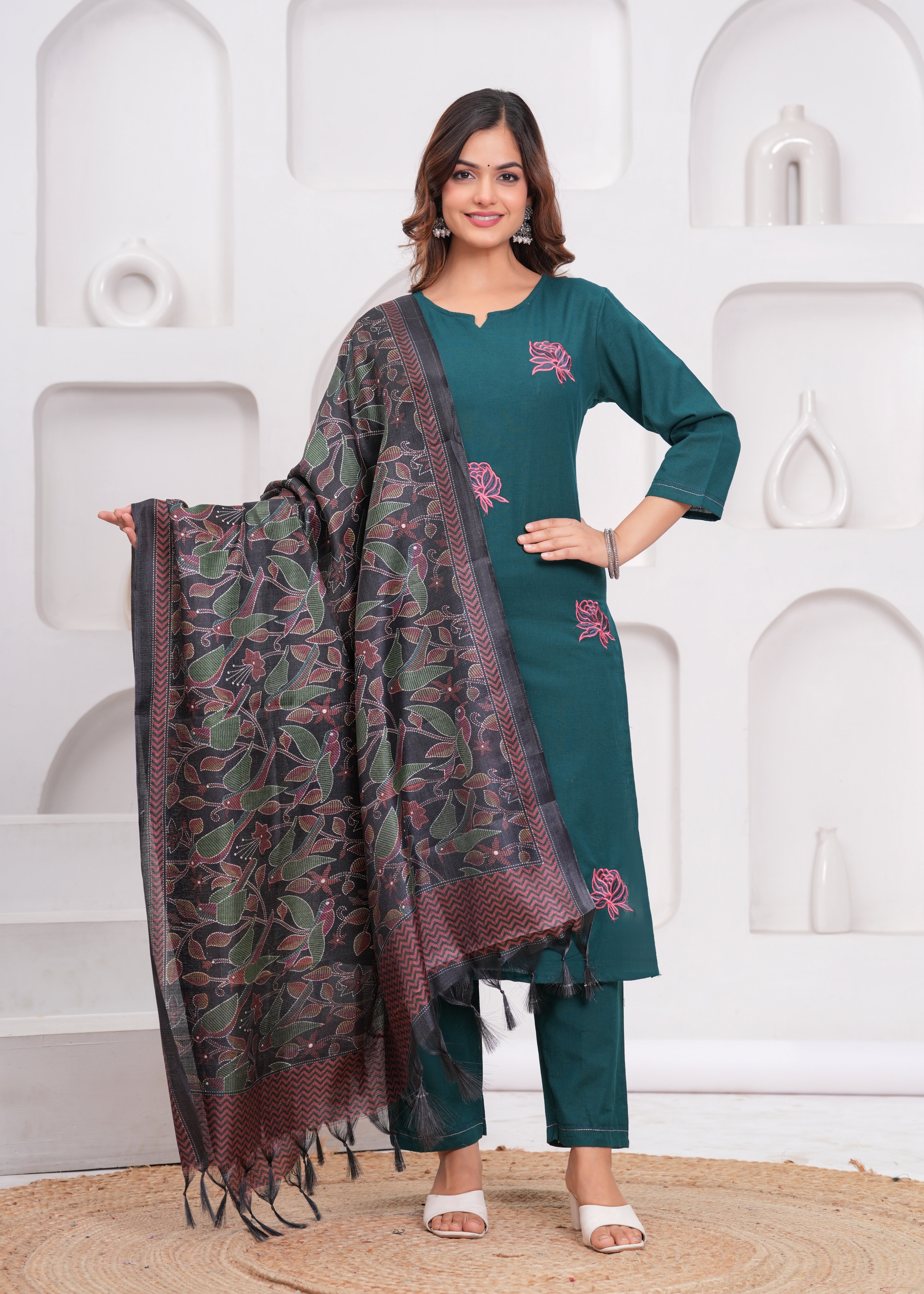 Sea Turtle Green Embroidered Cotton Flex Suit Set with Dupatta