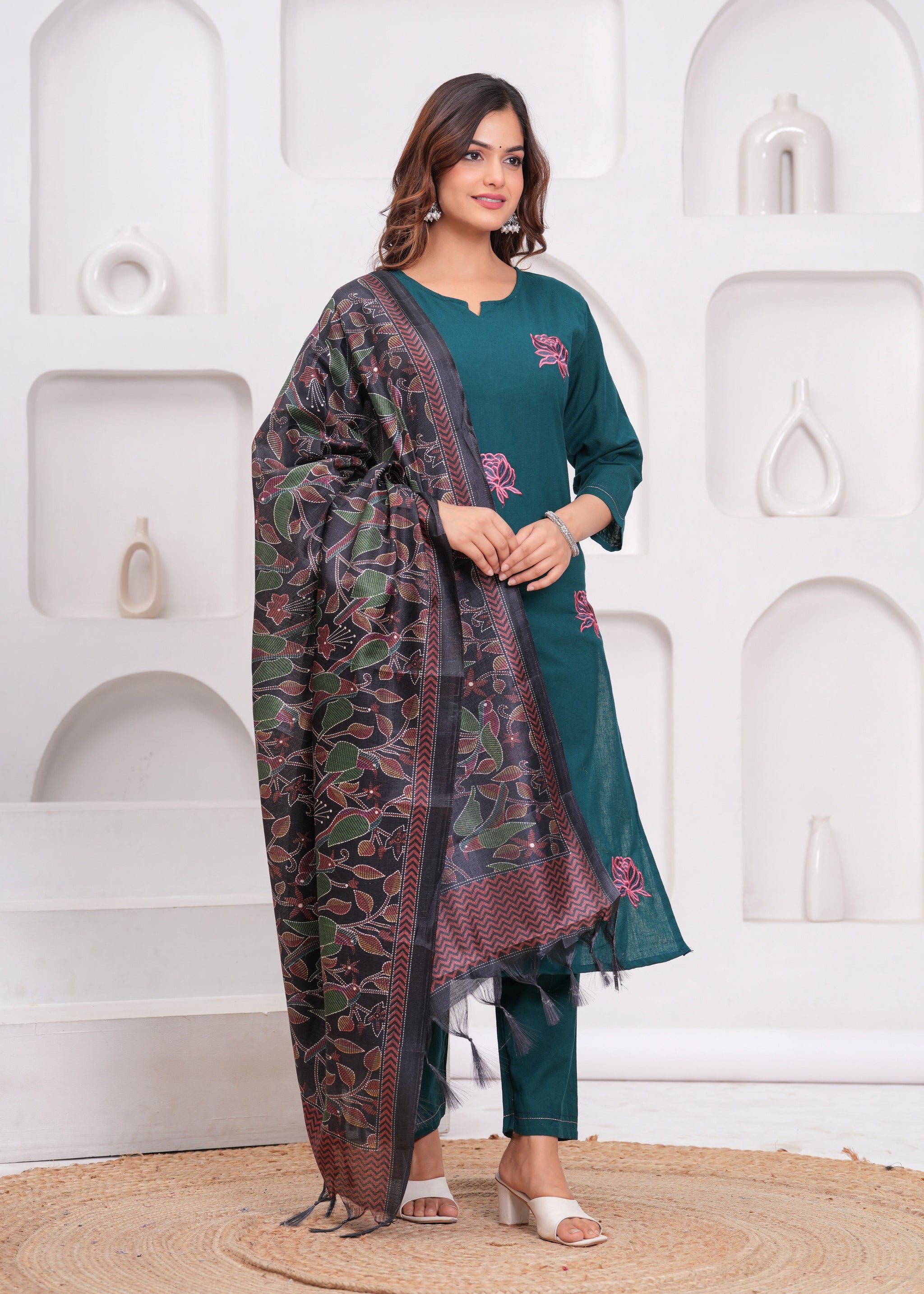Sea Turtle Green Embroidered Cotton Flex Suit Set with Dupatta