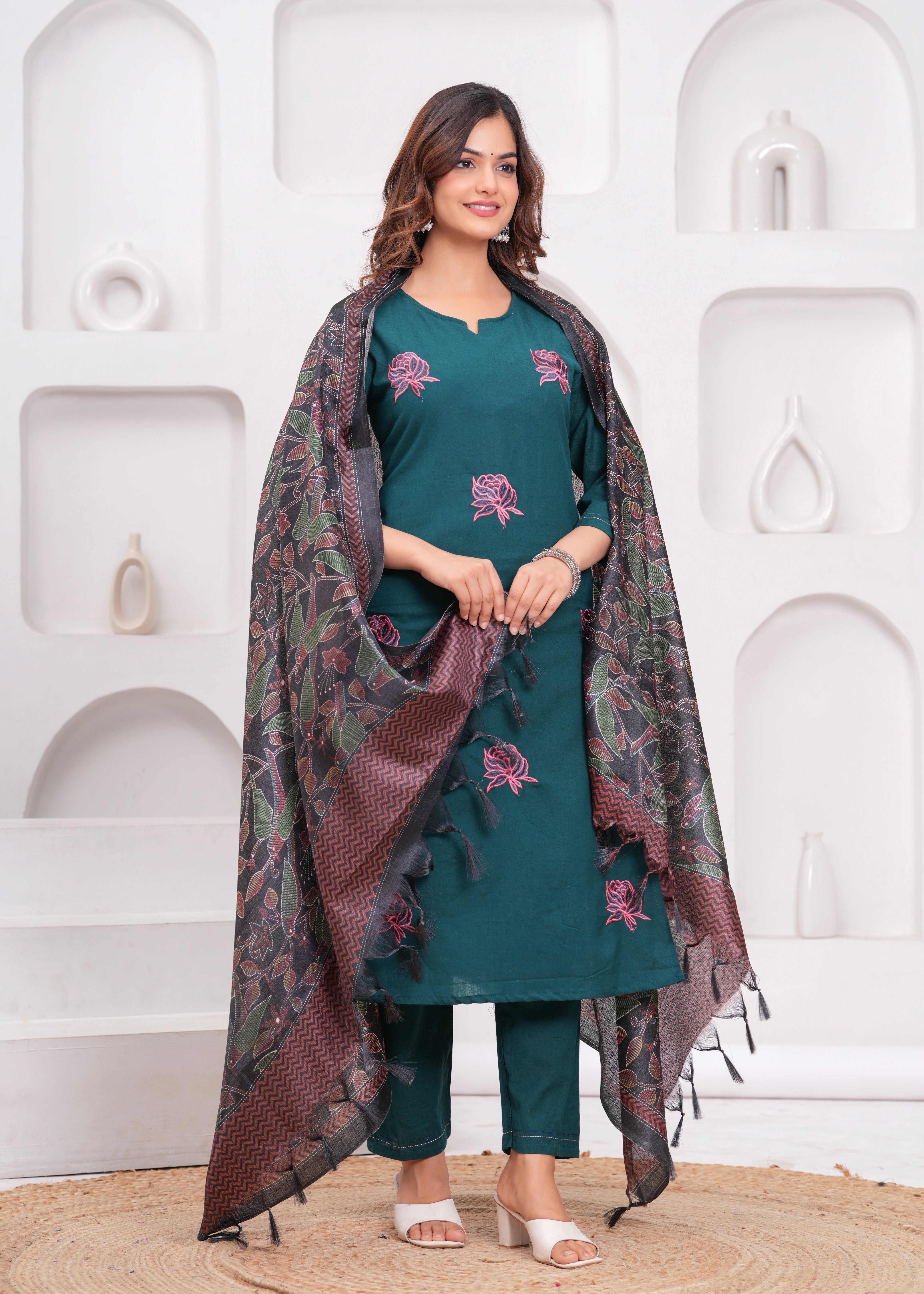 Sea Turtle Green Embroidered Cotton Flex Suit Set with Dupatta