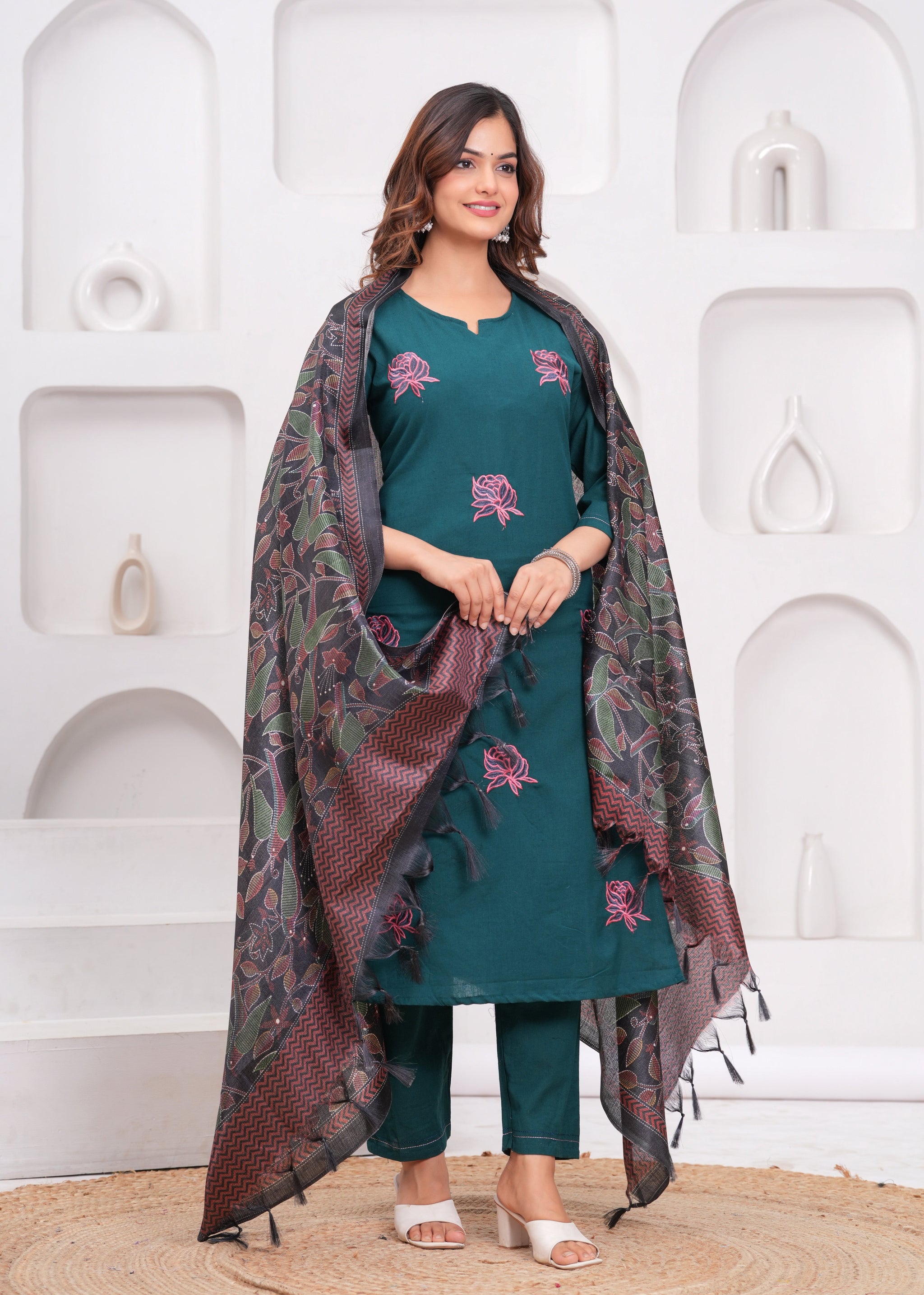 Sea Turtle Green Embroidered Cotton Flex Suit Set with Dupatta