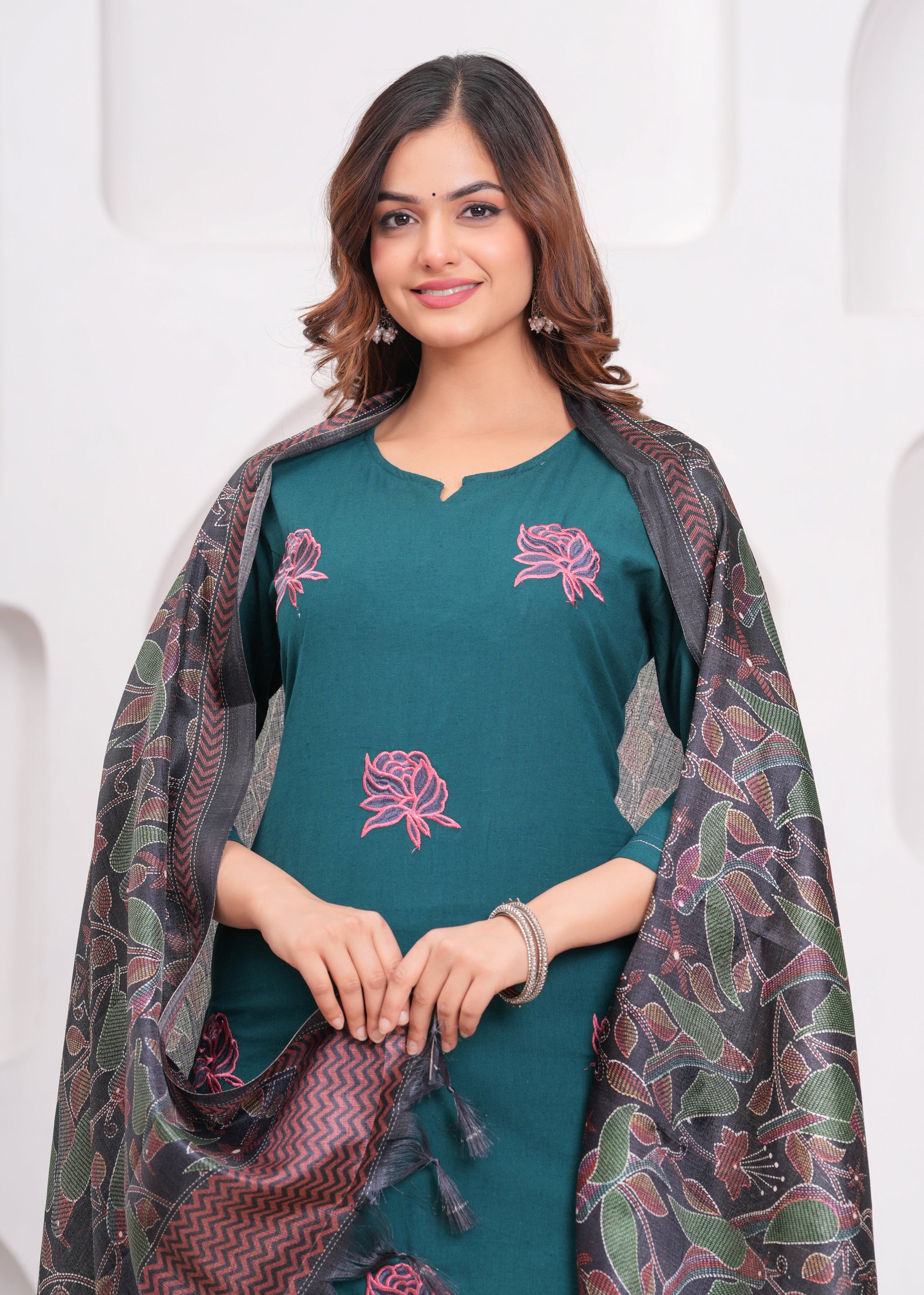 Sea Turtle Green Embroidered Cotton Flex Suit Set with Dupatta