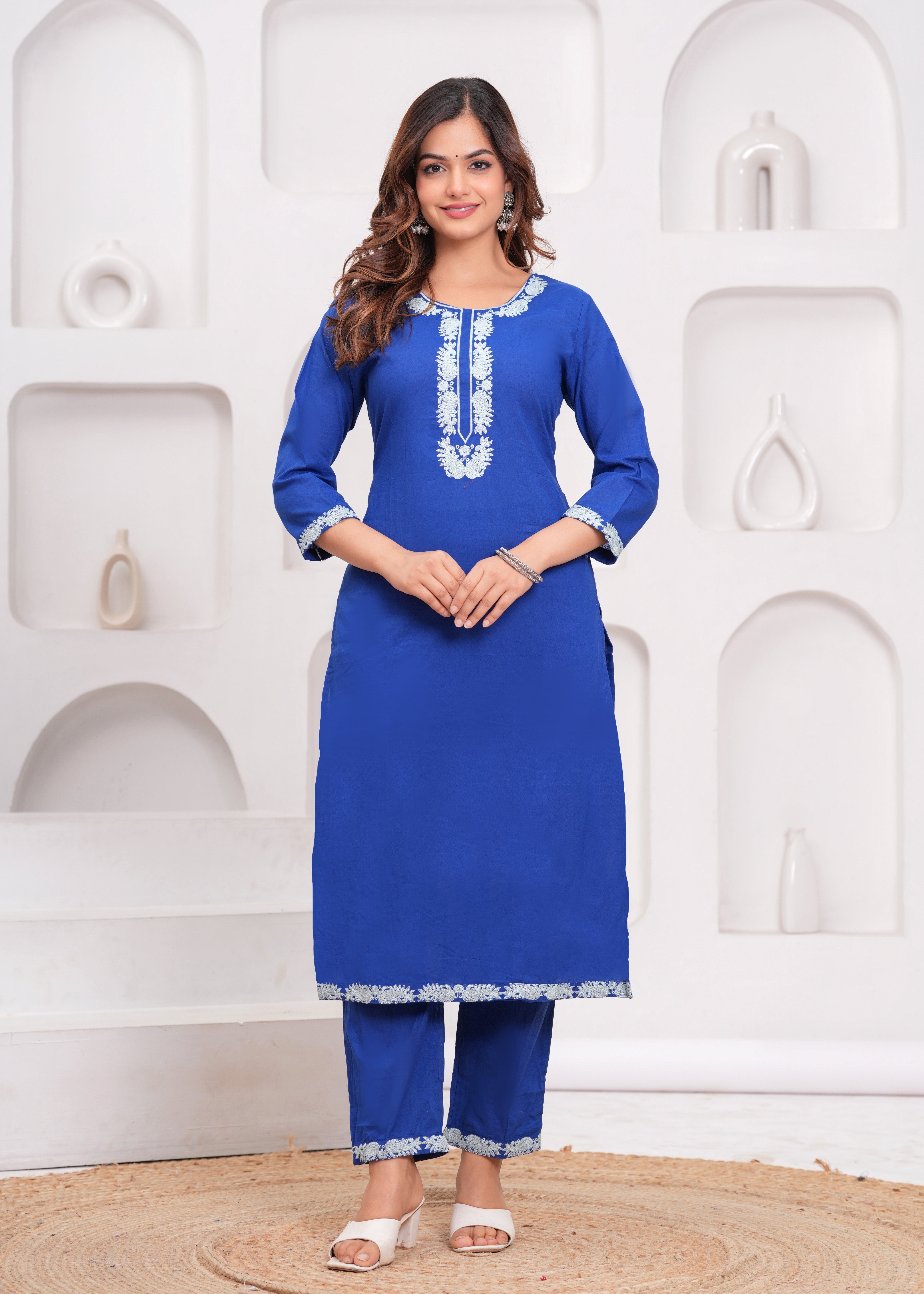 Lapis Blue Embroidered Cotton Suit Set with Dupatta