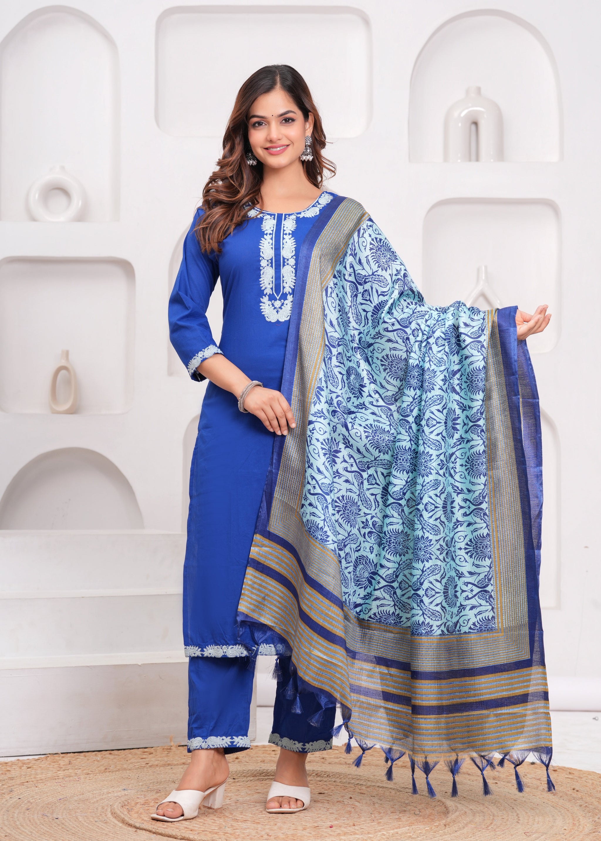Lapis Blue Embroidered Cotton Suit Set with Dupatta