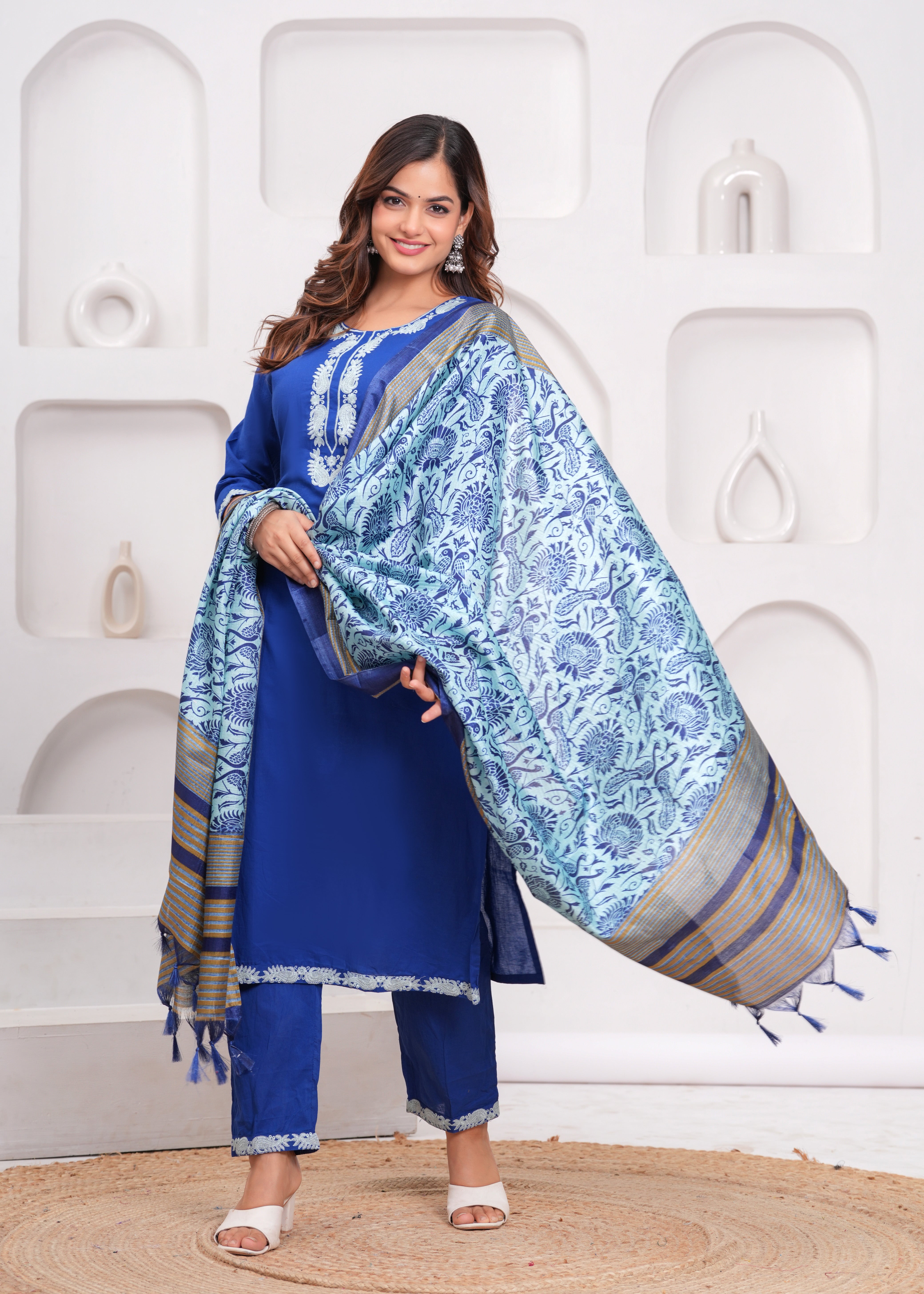 Lapis Blue Embroidered Cotton Suit Set with Dupatta