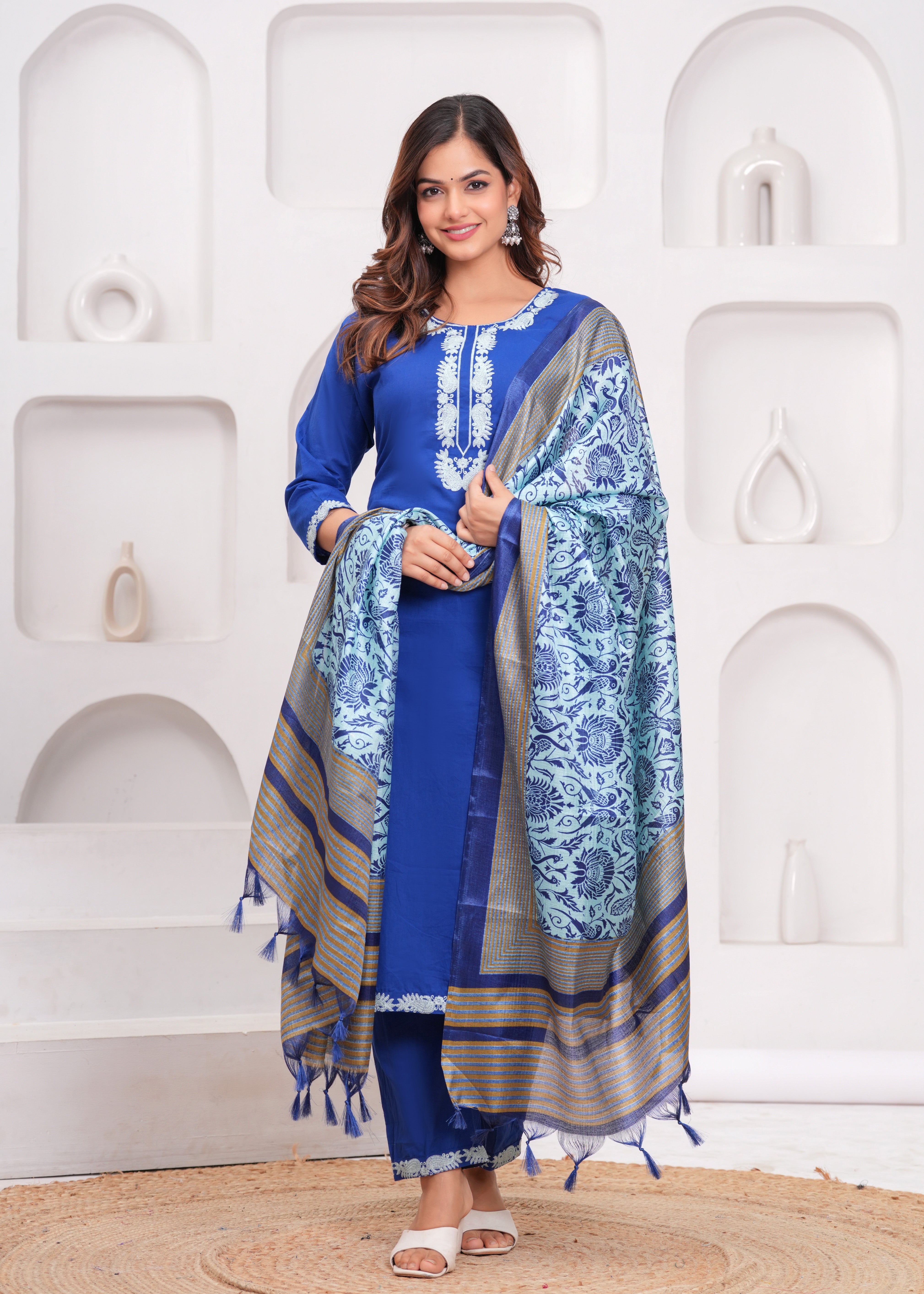 Lapis Blue Embroidered Cotton Suit Set with Dupatta