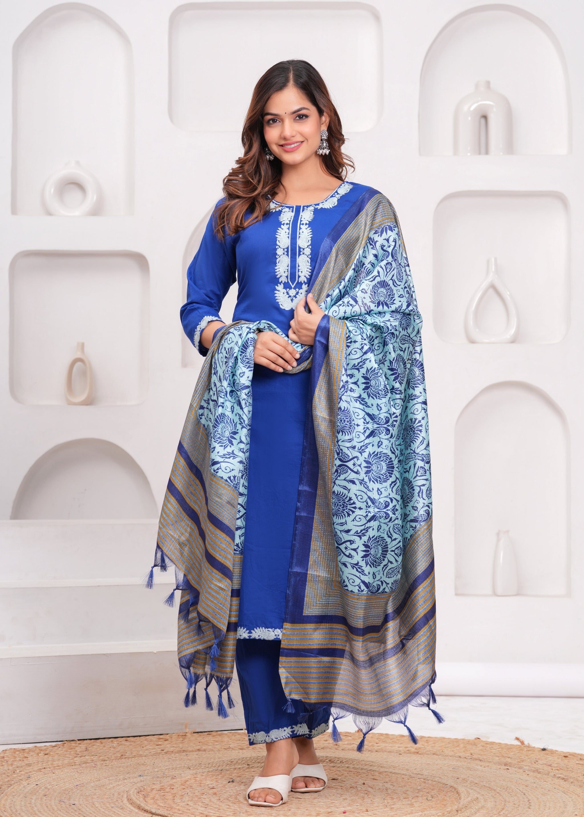 Lapis Blue Embroidered Cotton Suit Set with Dupatta