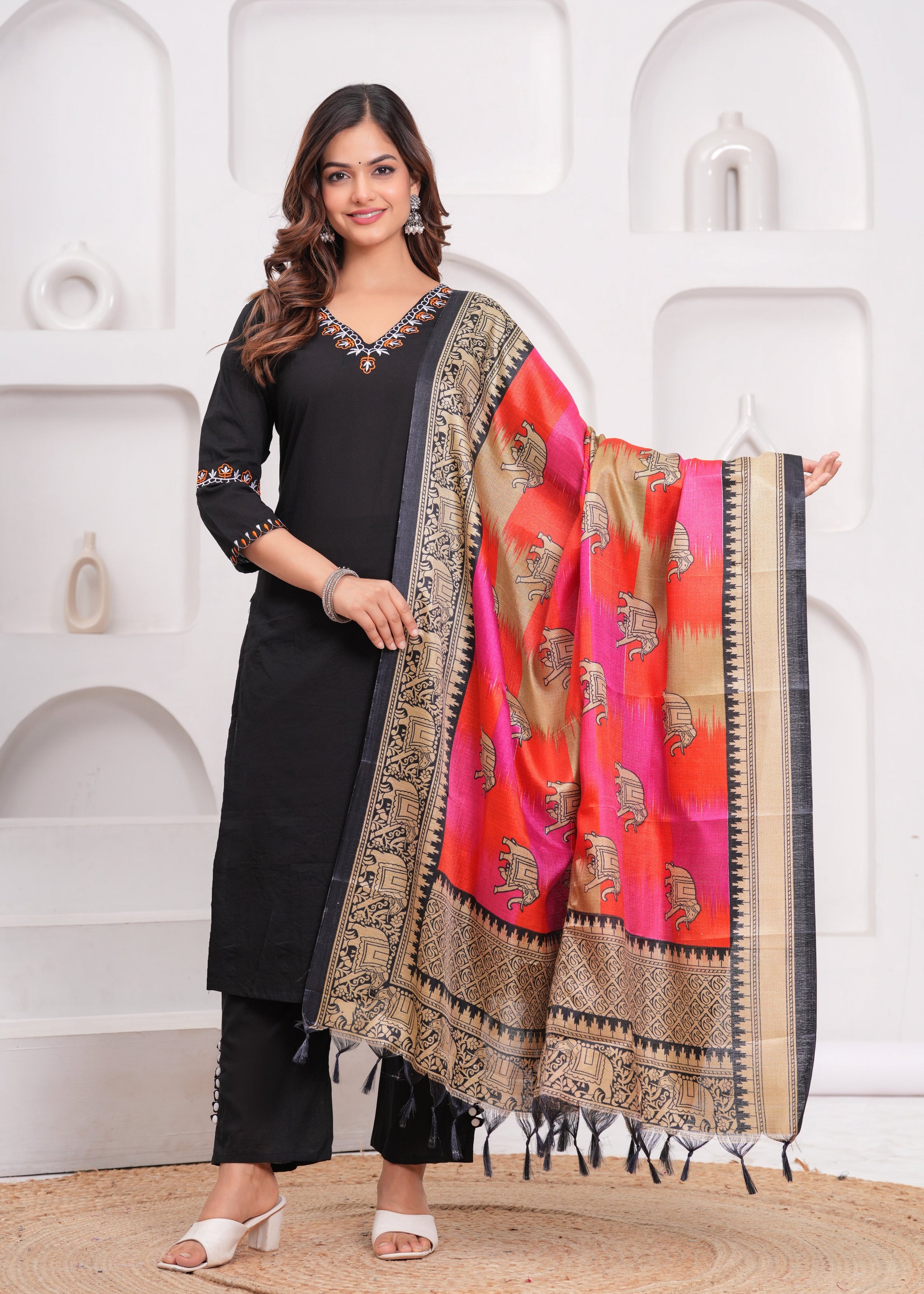 Black Embroidered Cotton Kurta and Pant Set with Khadi Dupatta