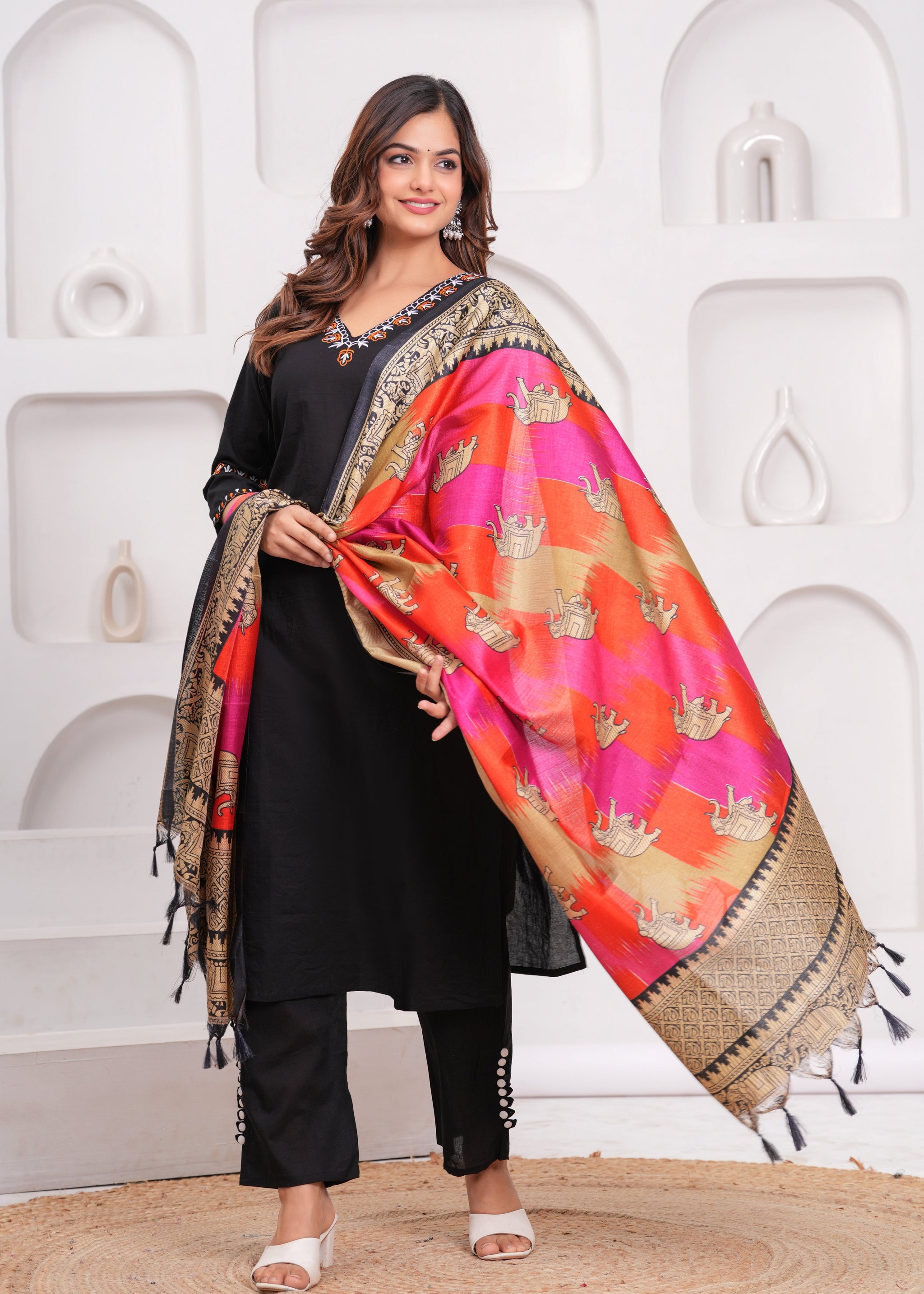 Black Embroidered Cotton Kurta and Pant Set with Khadi Dupatta