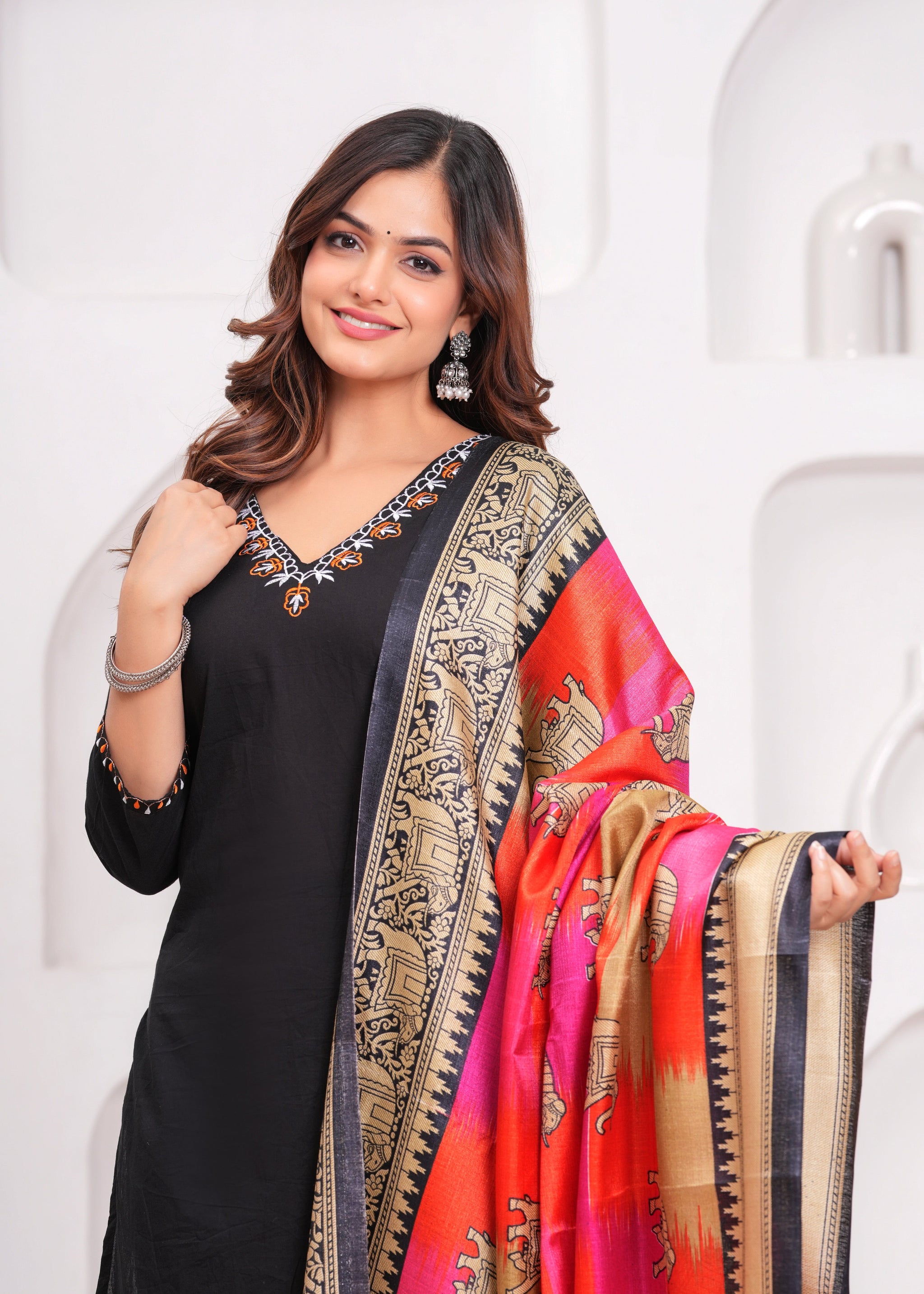 Black Embroidered Cotton Kurta and Pant Set with Khadi Dupatta