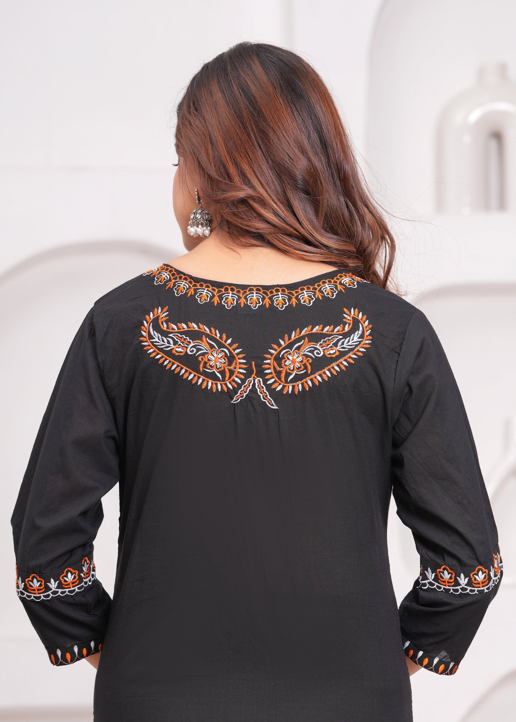Black Embroidered Cotton Kurta and Pant Set with Khadi Dupatta