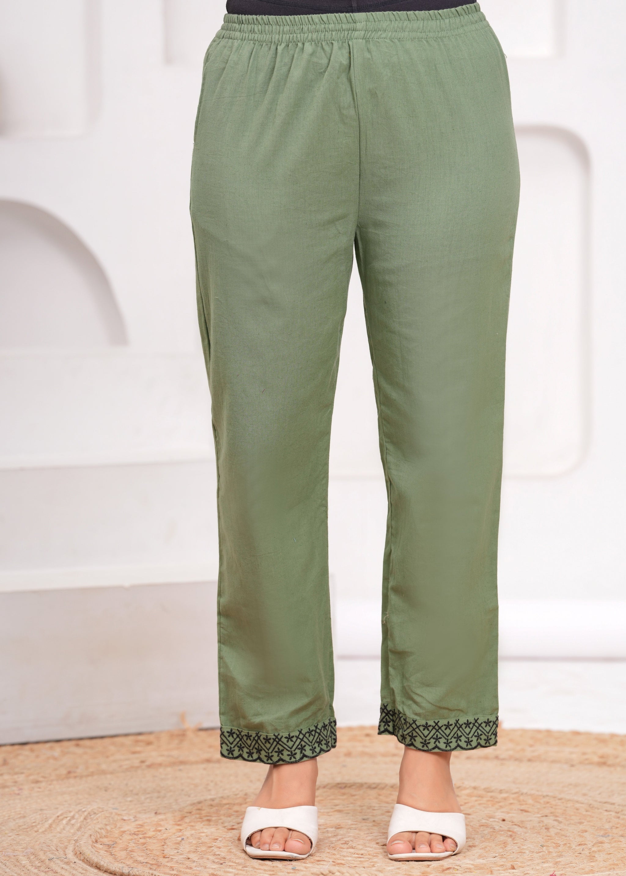 Green Embroidered Cotton Kurta and Pant Set with Dupatta