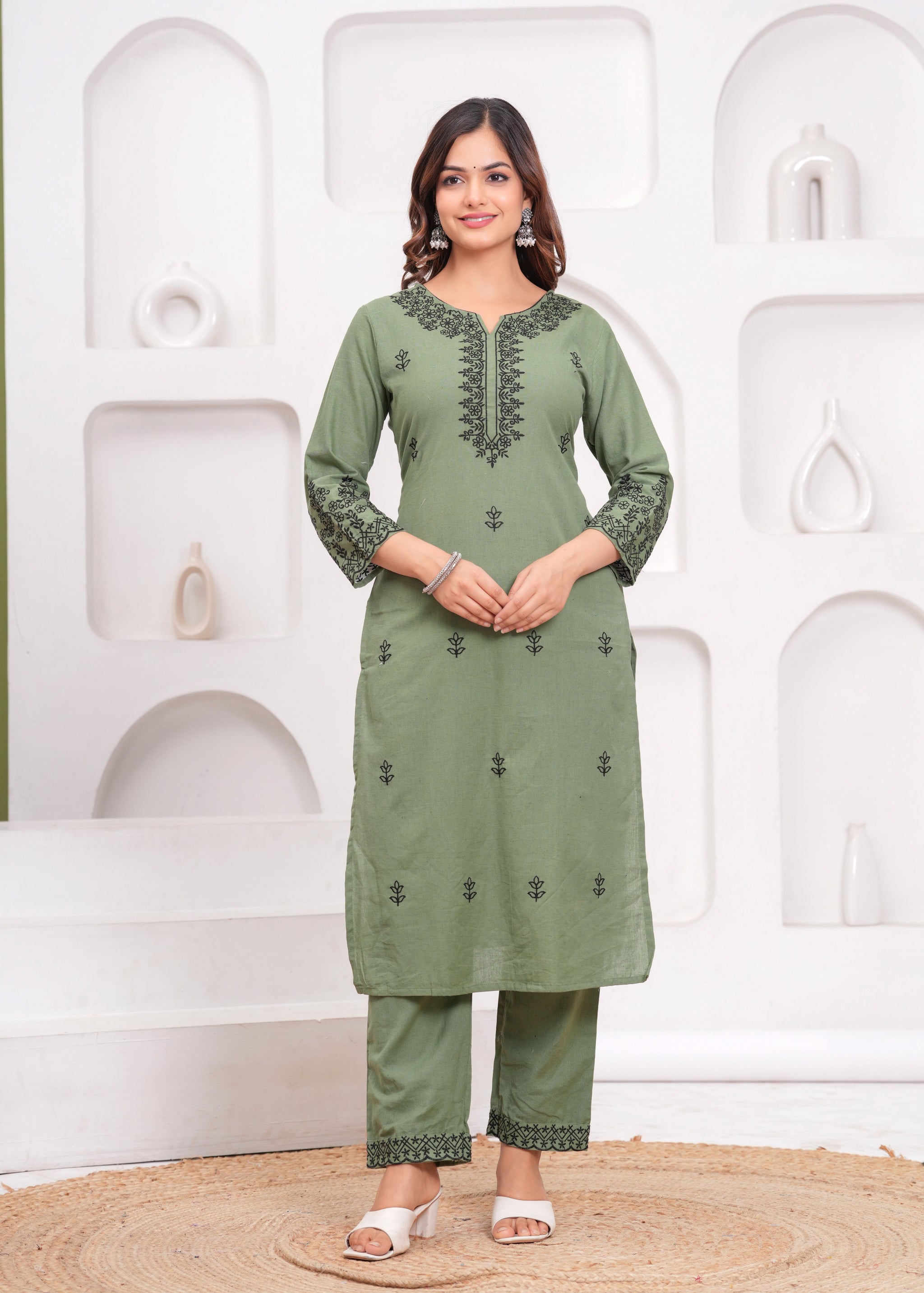 Green Embroidered Cotton Kurta and Pant Set with Dupatta