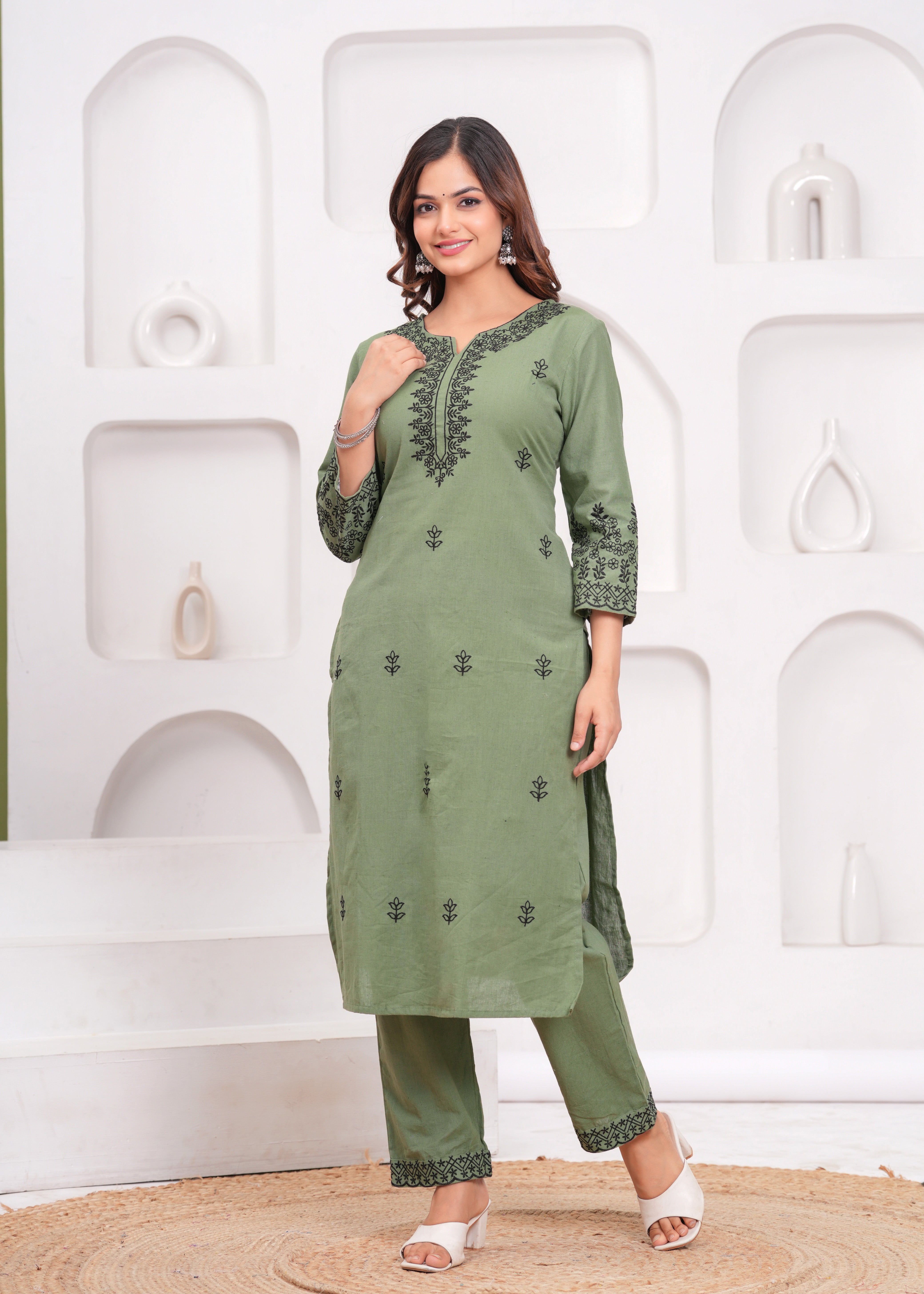 Green Embroidered Cotton Kurta and Pant Set with Dupatta