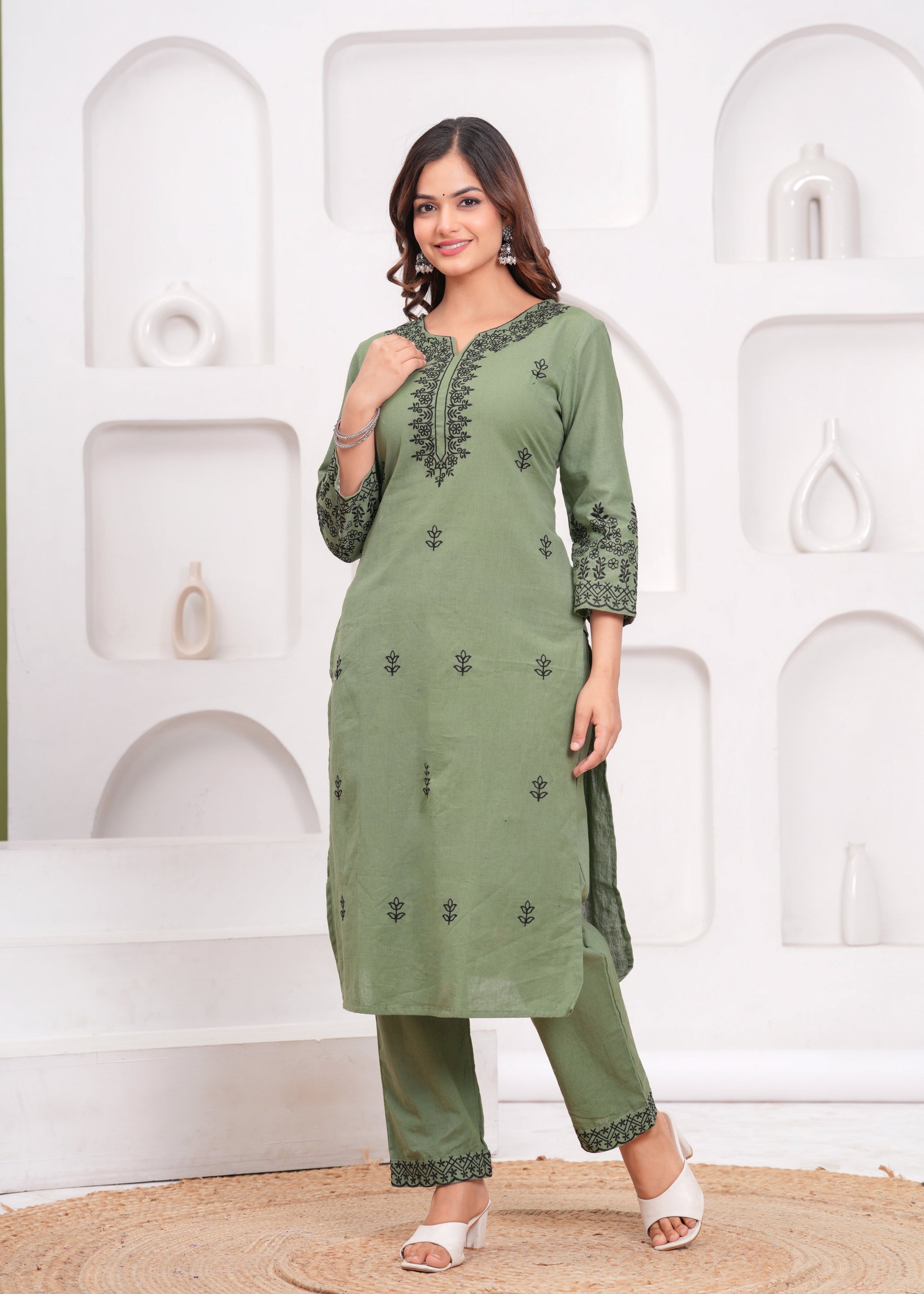 Green Embroidered Cotton Kurta and Pant Set with Dupatta