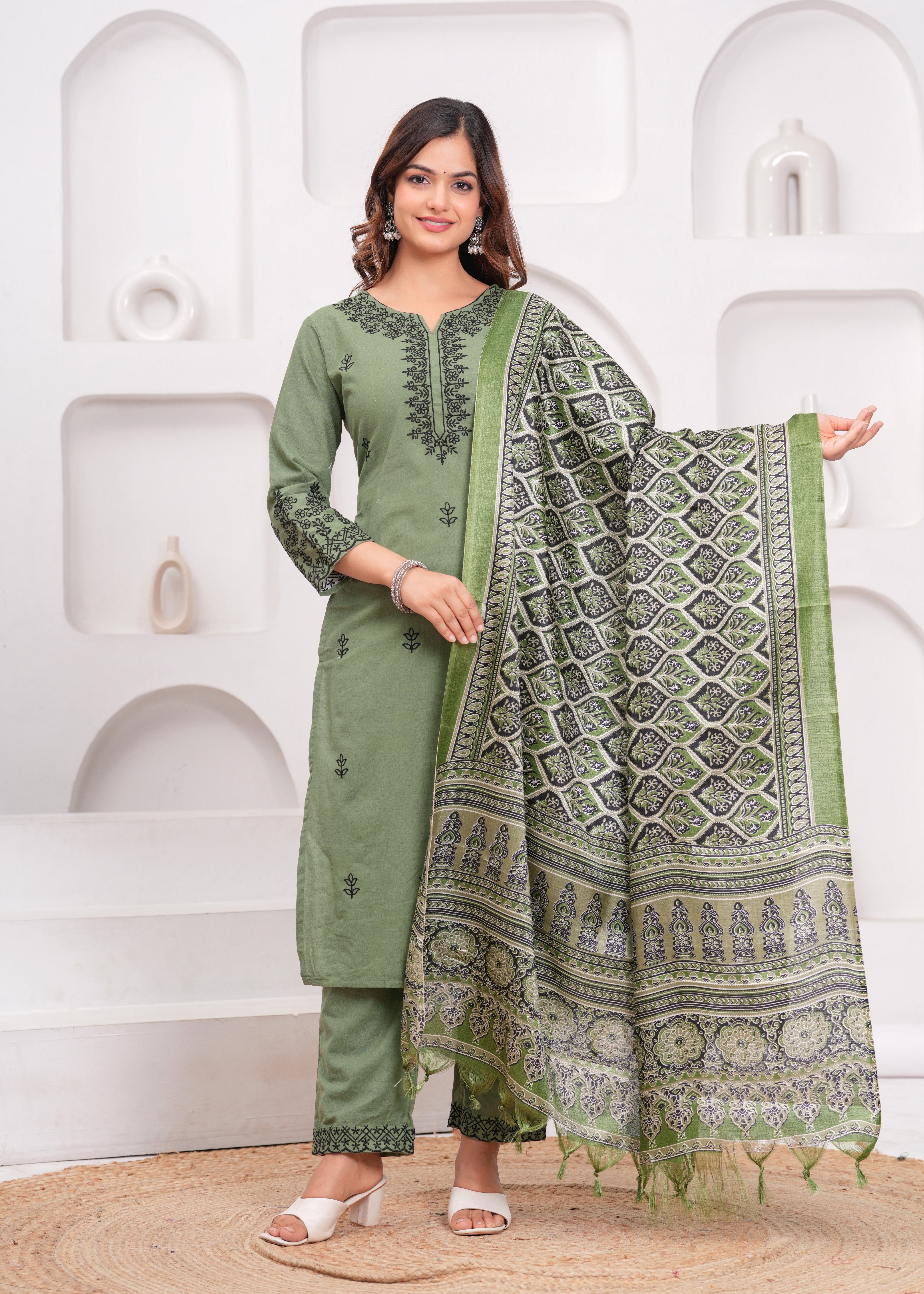 Green Embroidered Cotton Kurta and Pant Set with Dupatta