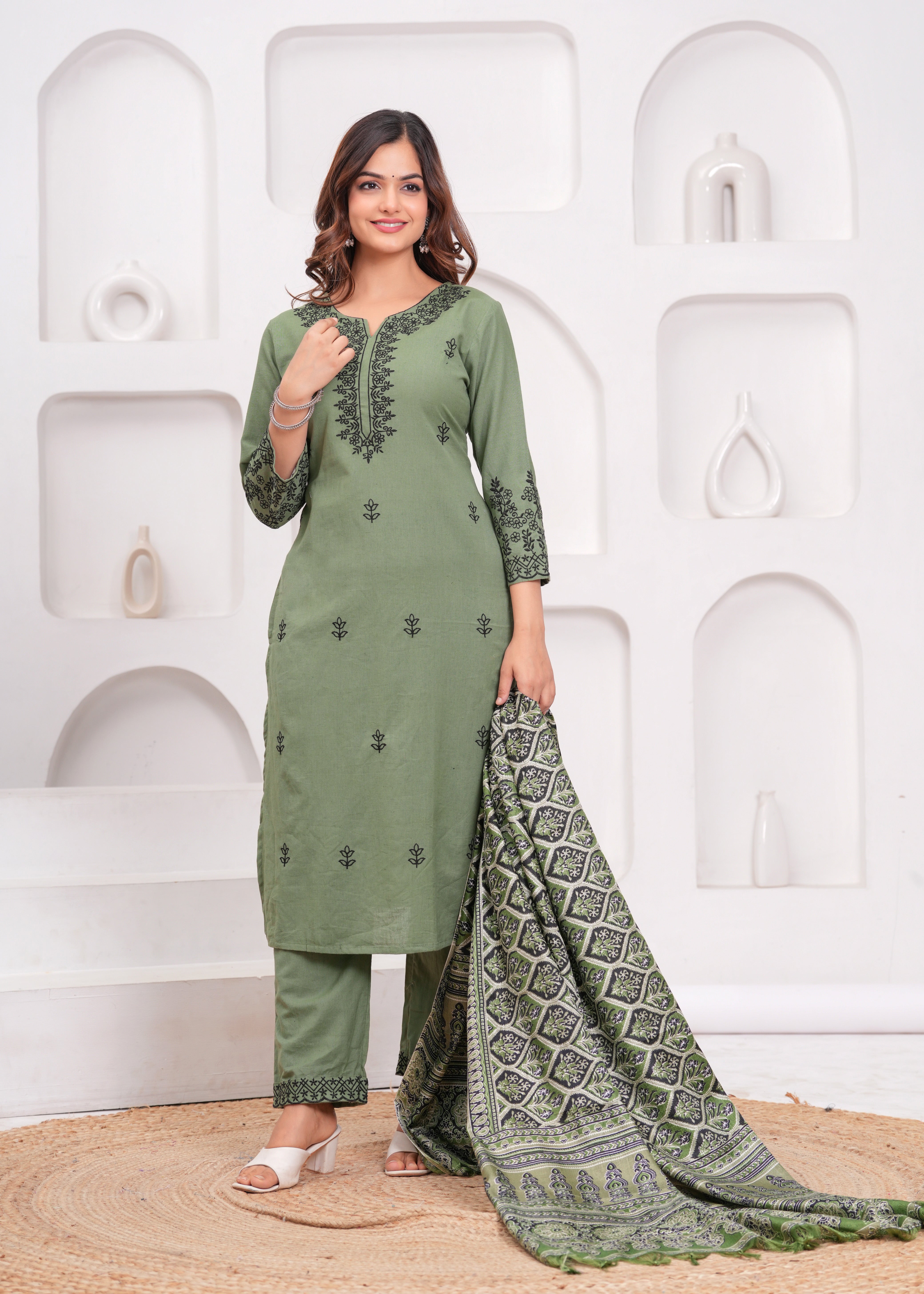 Green Embroidered Cotton Kurta and Pant Set with Dupatta