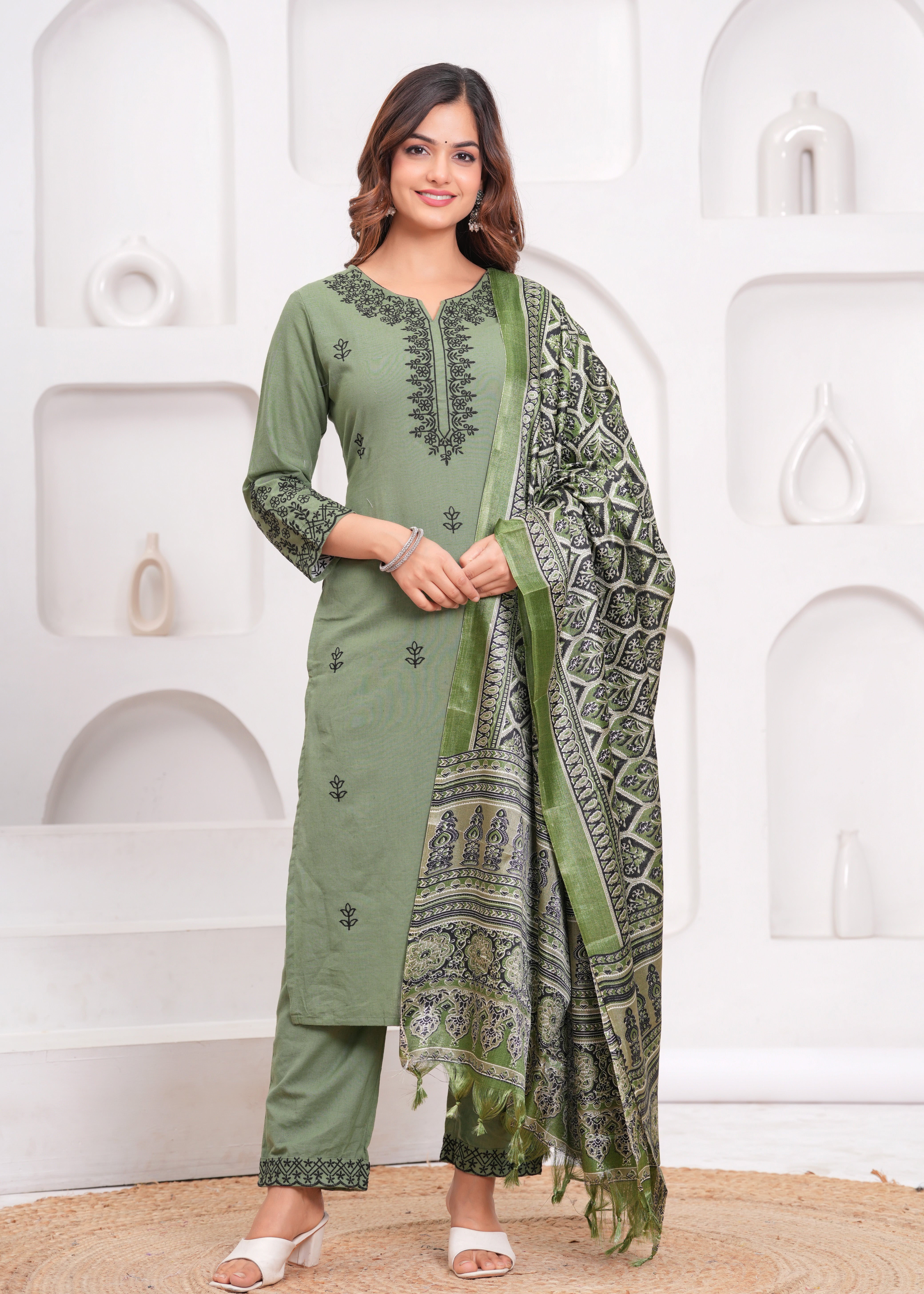 Green Embroidered Cotton Kurta and Pant Set with Dupatta