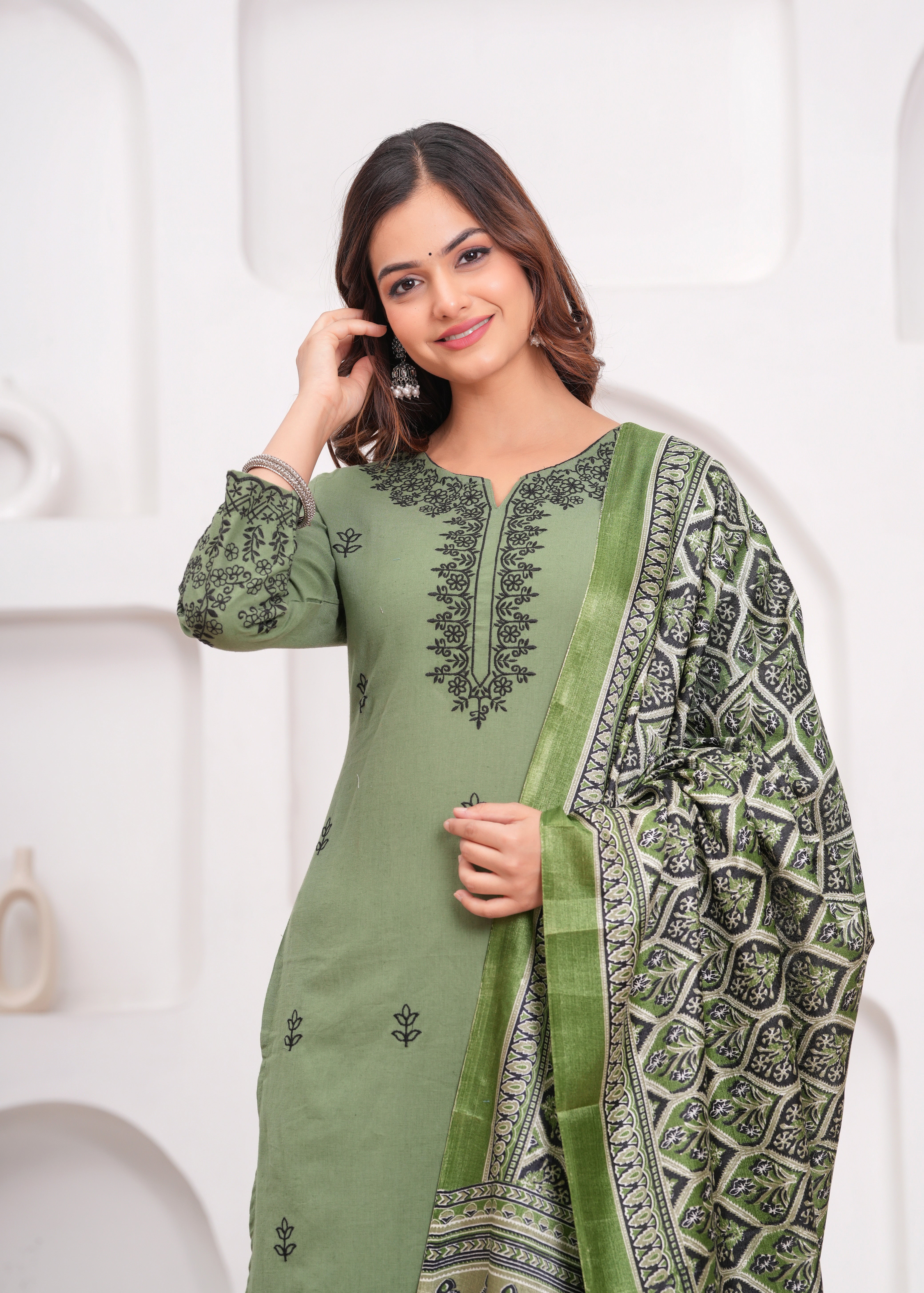 Green Embroidered Cotton Kurta and Pant Set with Dupatta