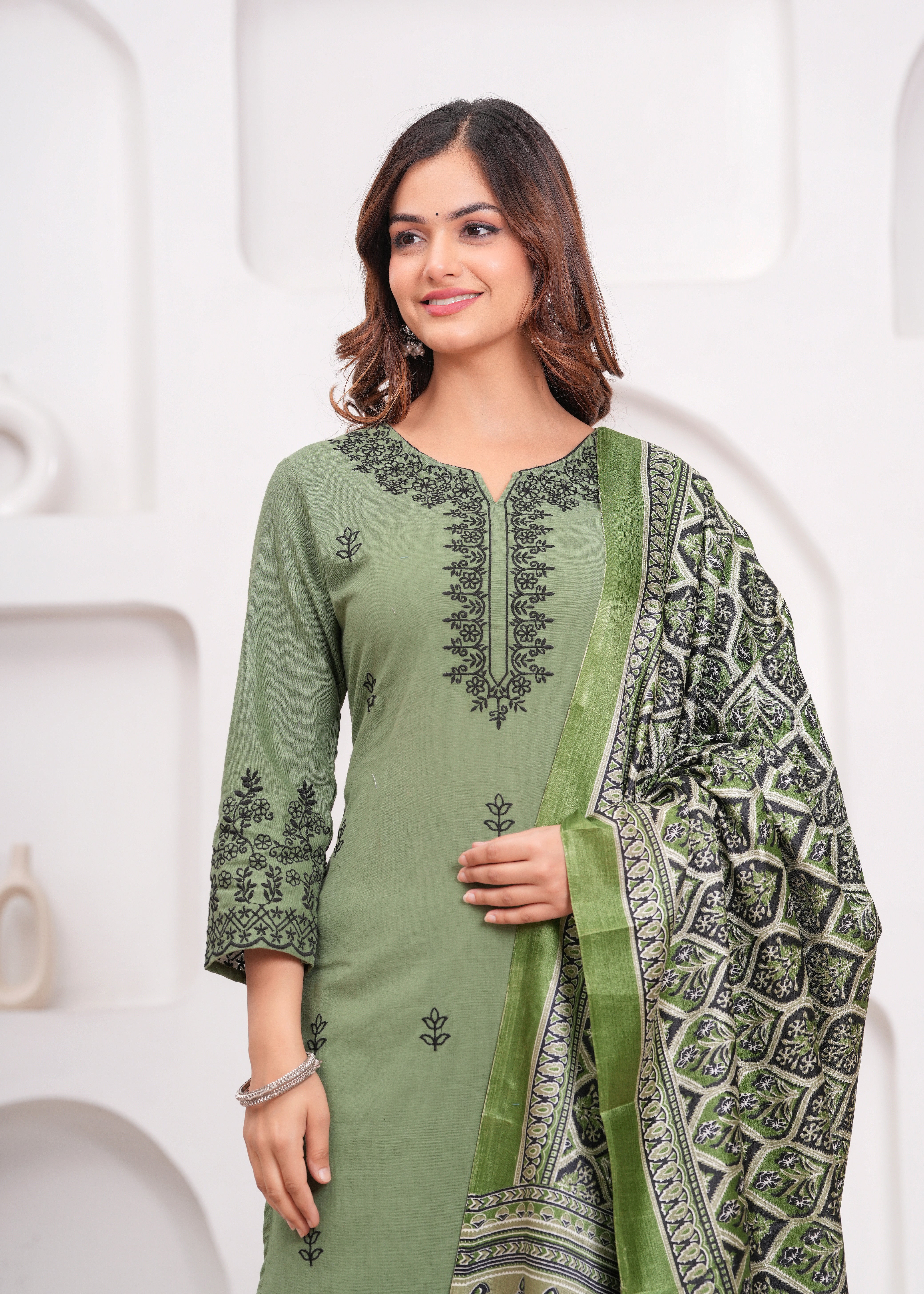 Green Embroidered Cotton Kurta and Pant Set with Dupatta