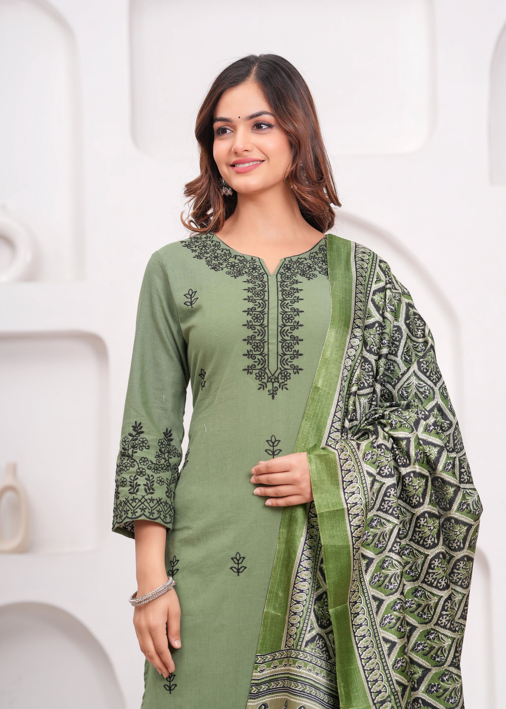 Green Embroidered Cotton Kurta and Pant Set with Dupatta