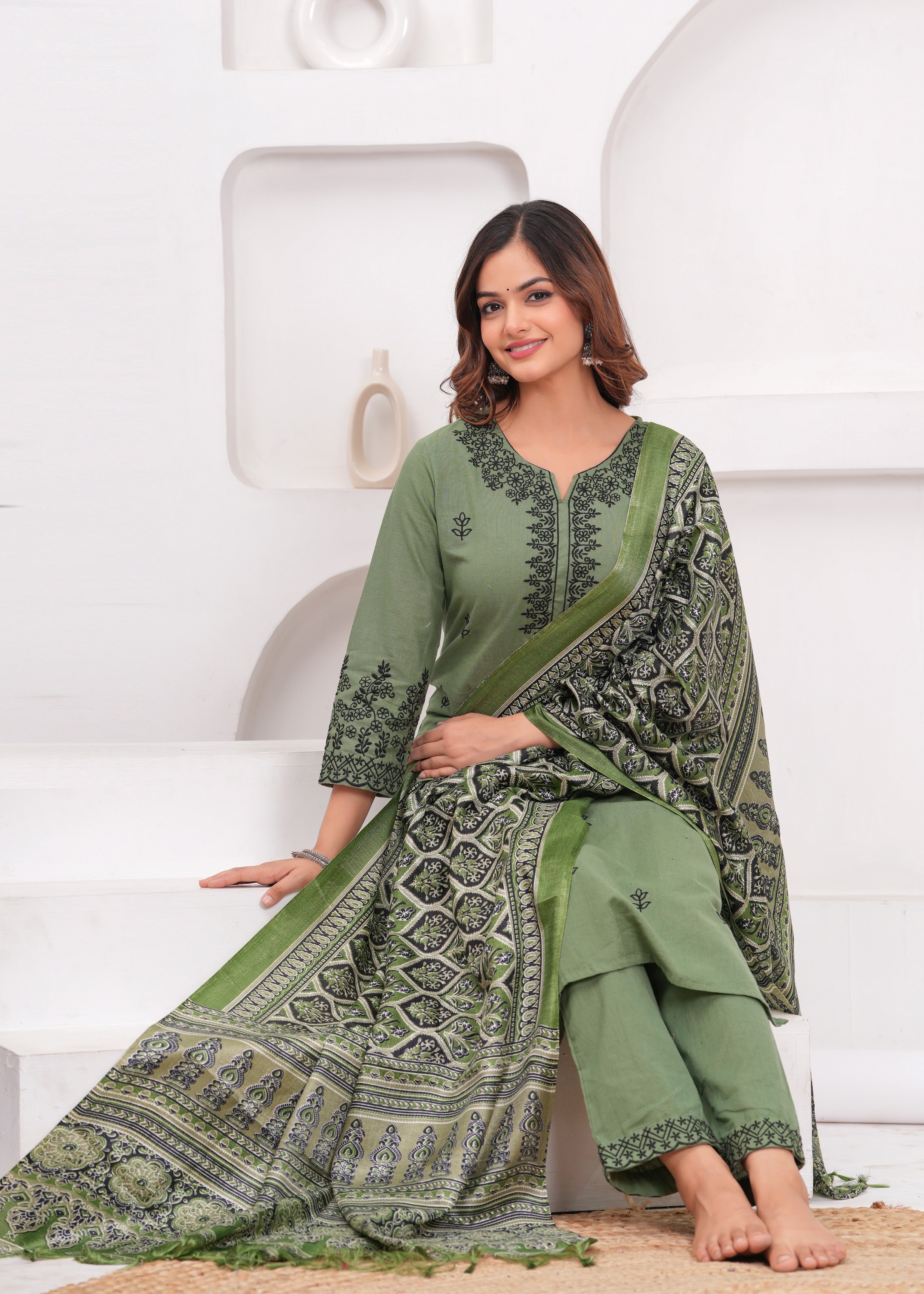 Green Embroidered Cotton Kurta and Pant Set with Dupatta