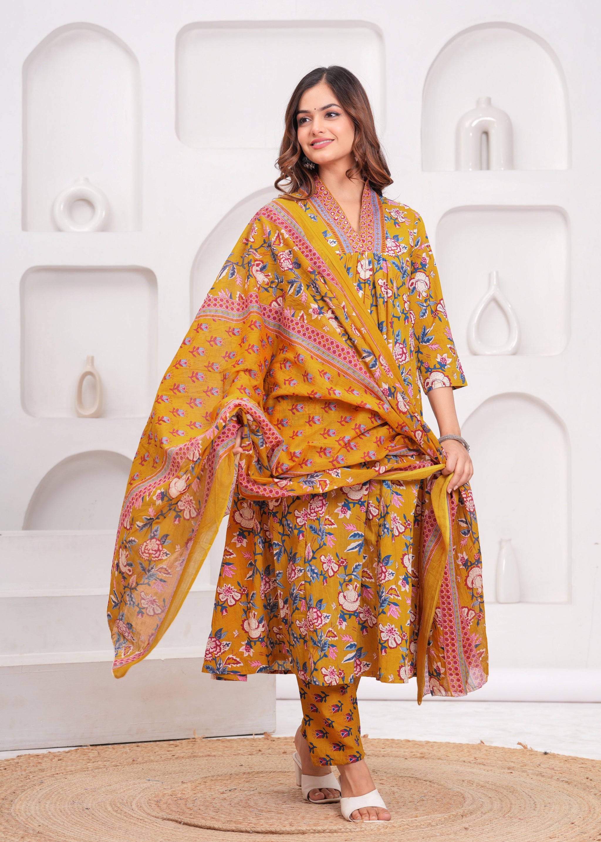 Floral Printed Cotton Kurta and Pant Set with Mulmul Dupatta