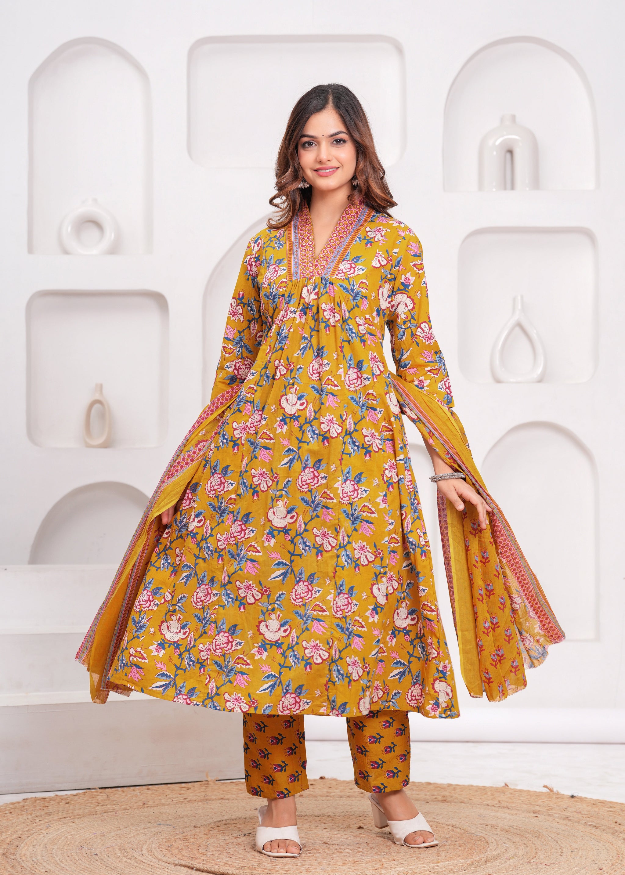 Floral Printed Cotton Kurta and Pant Set with Mulmul Dupatta