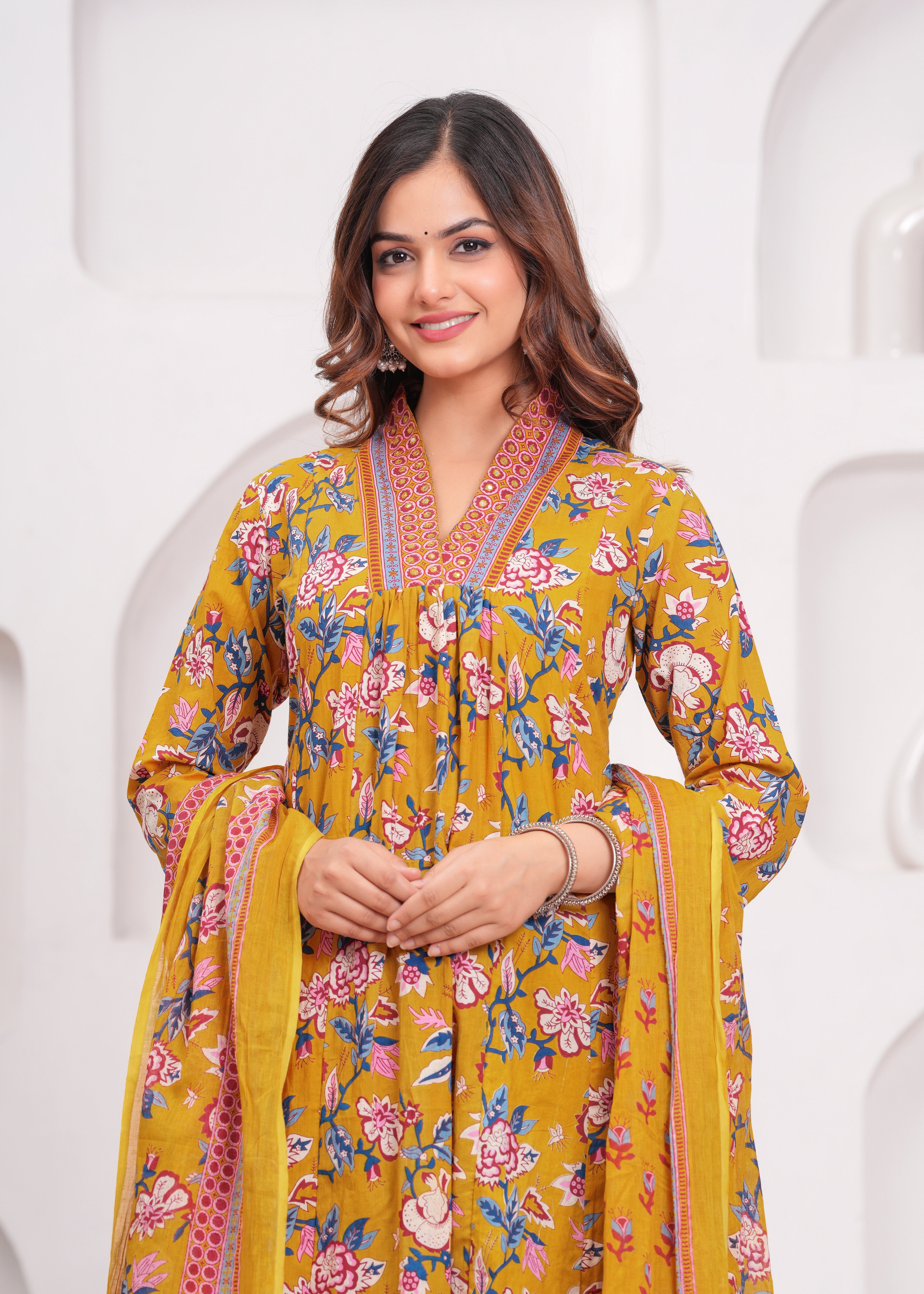 Floral Printed Cotton Kurta and Pant Set with Mulmul Dupatta