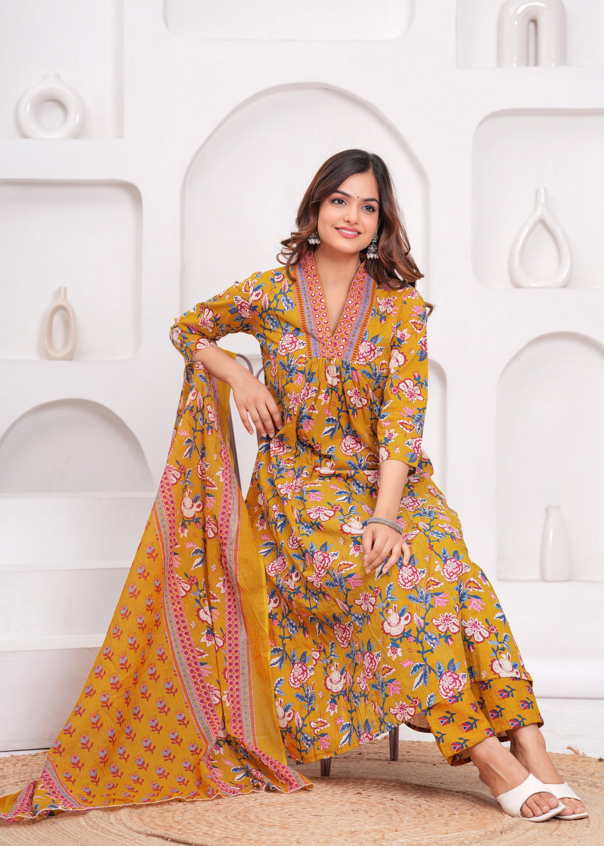 Floral Printed Cotton Kurta and Pant Set with Mulmul Dupatta