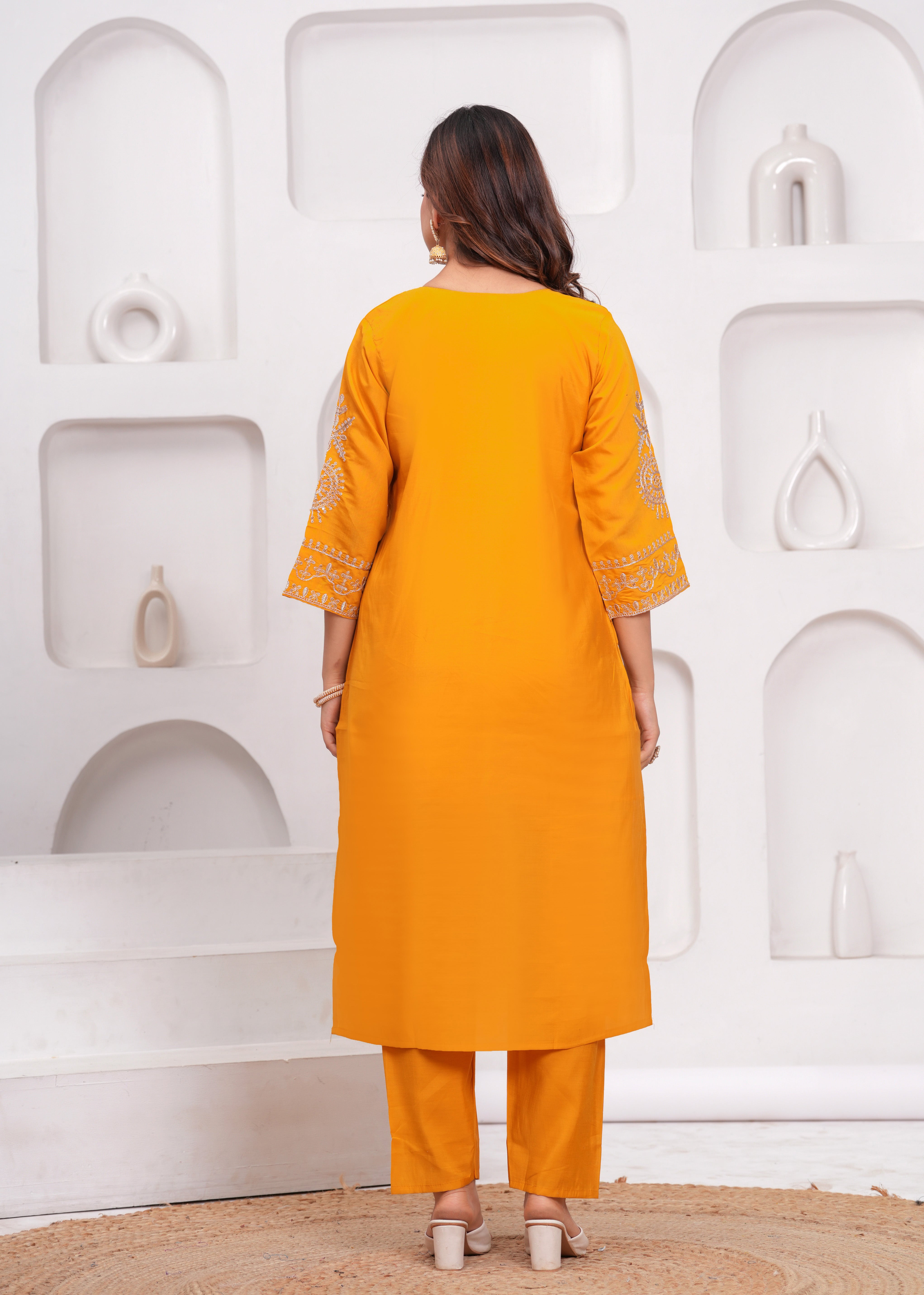 Mustard Embroidered Silk Suit Set with Dupatta