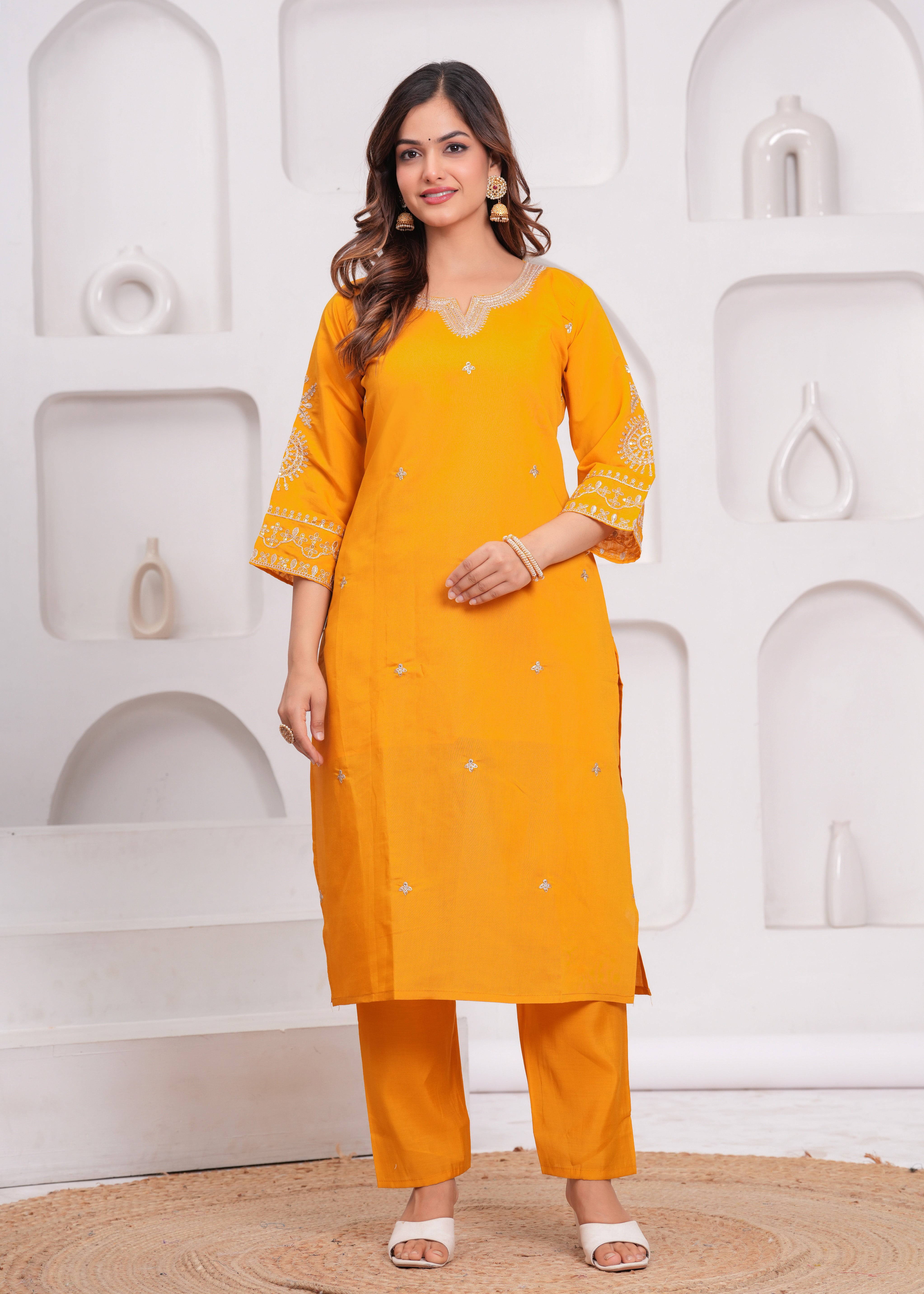 Mustard Embroidered Silk Suit Set with Dupatta