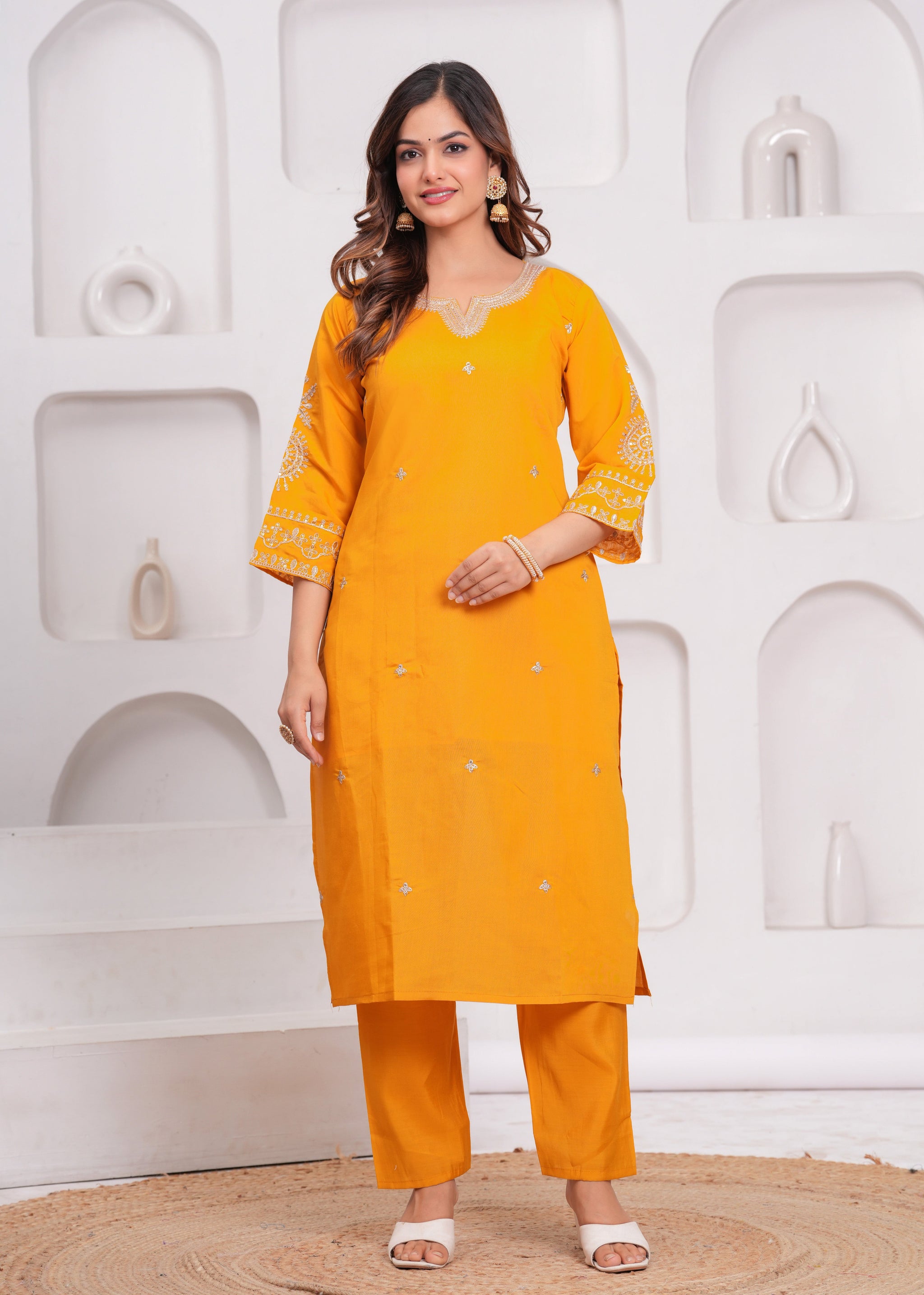 Mustard Embroidered Silk Suit Set with Dupatta