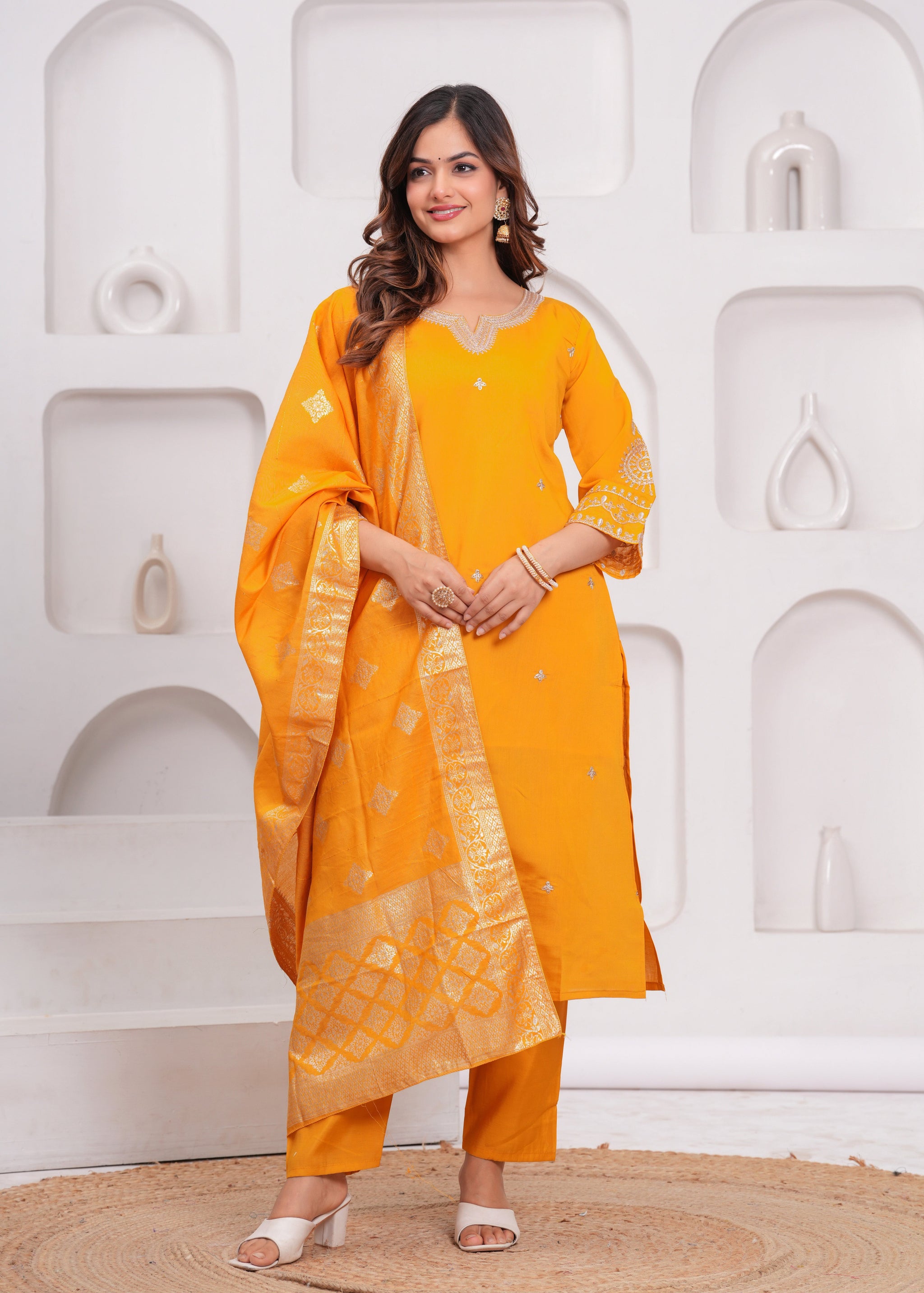 Mustard Embroidered Silk Suit Set with Dupatta