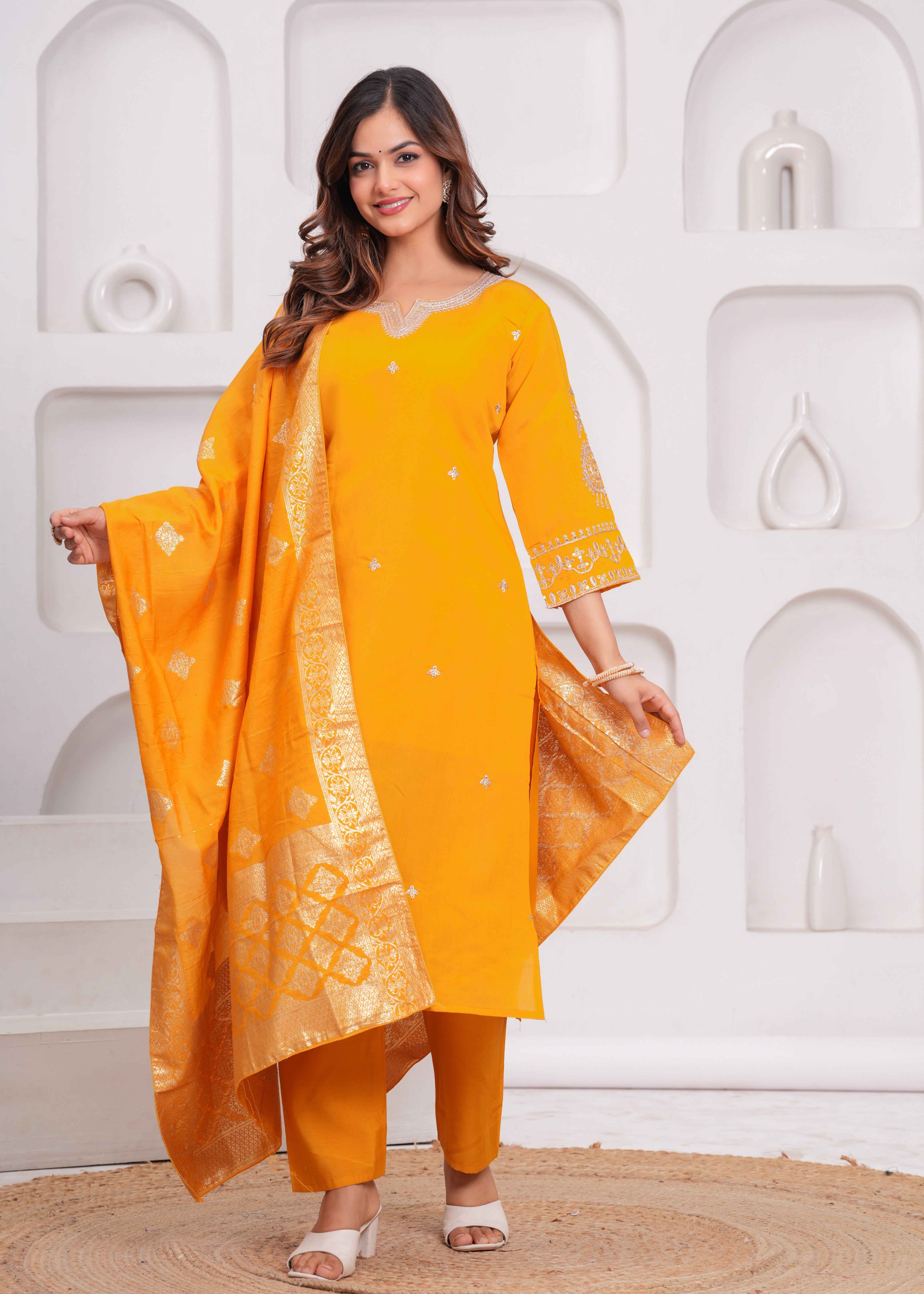 Mustard Embroidered Silk Suit Set with Dupatta