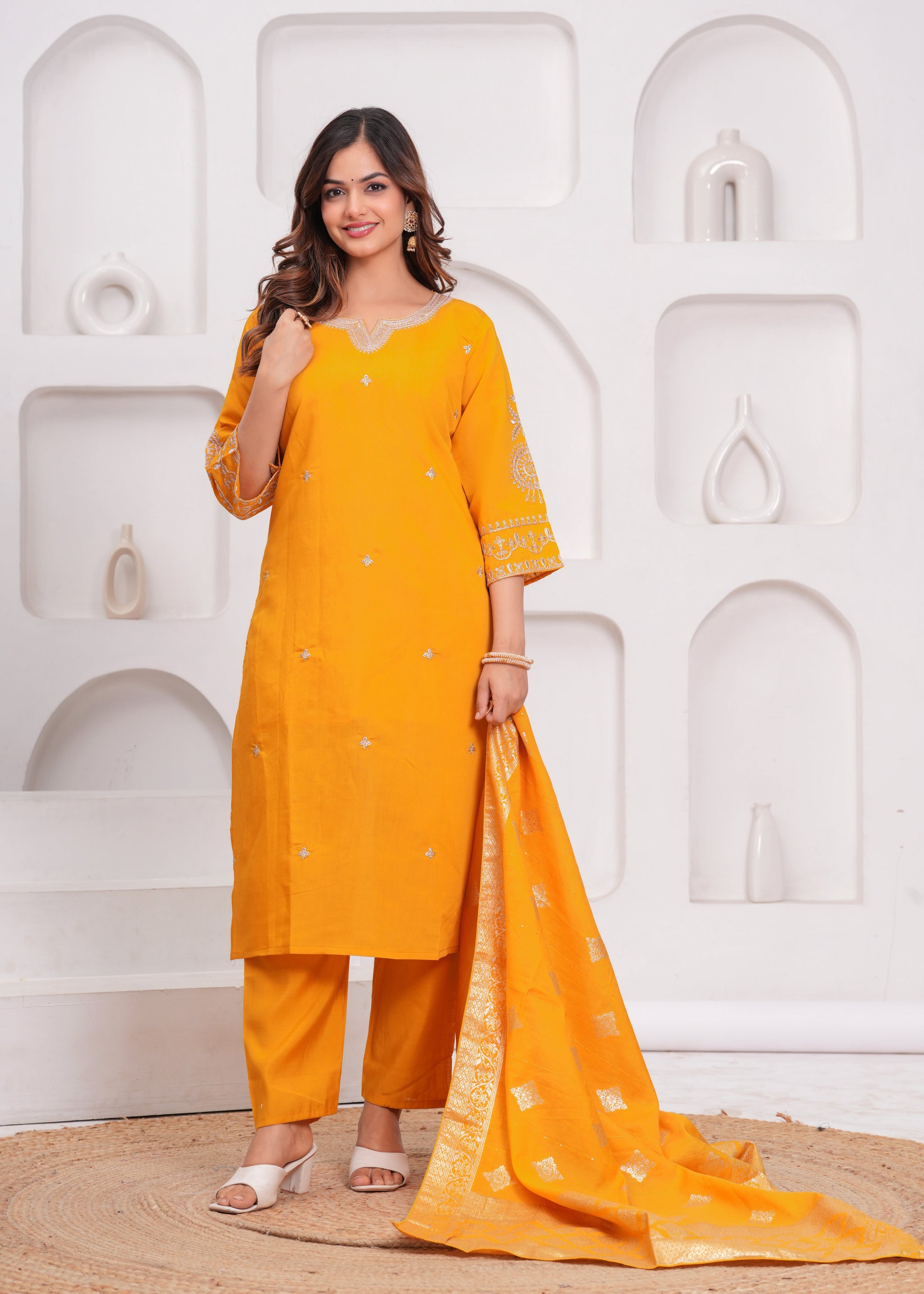 Mustard Embroidered Silk Suit Set with Dupatta