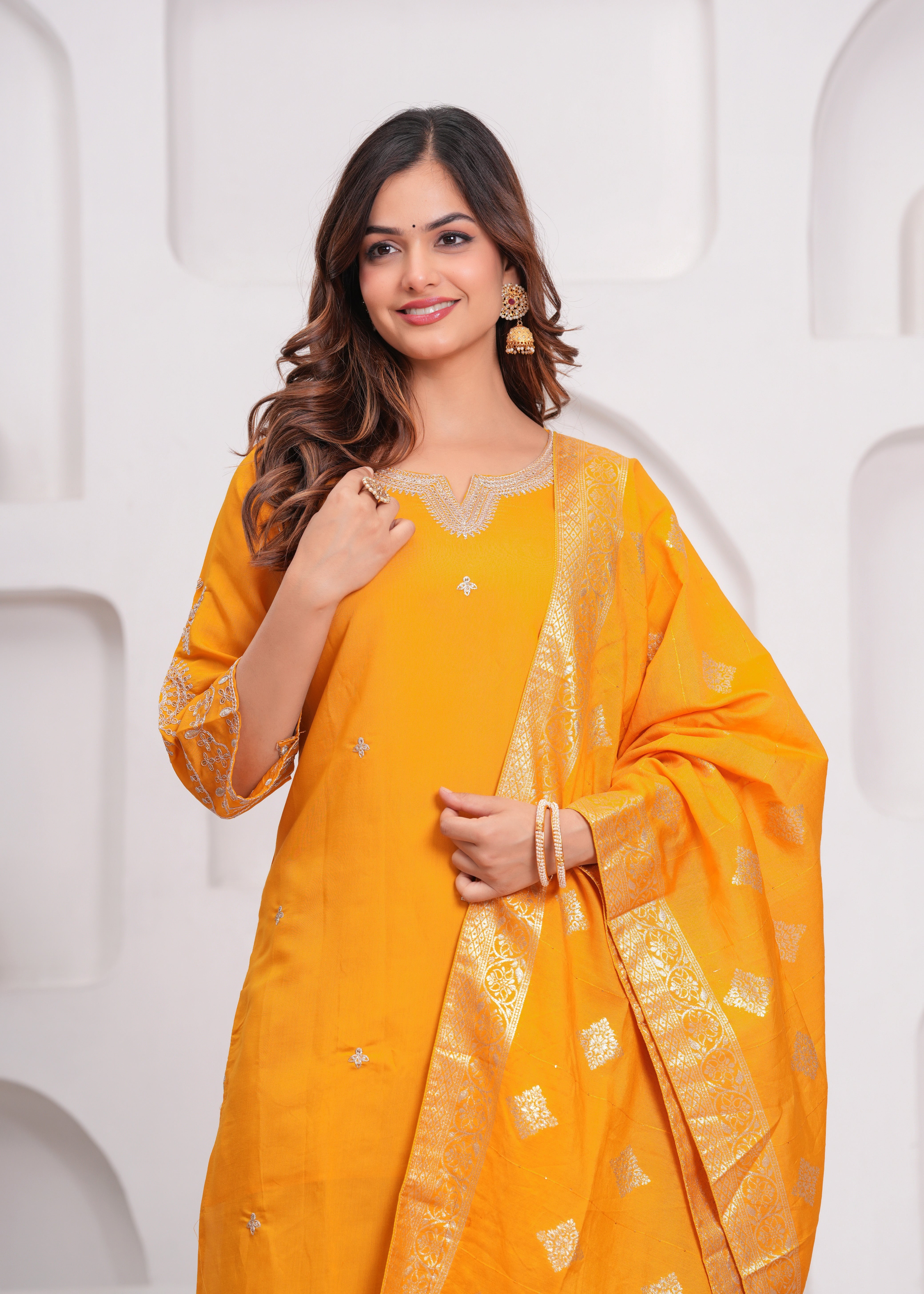 Mustard Embroidered Silk Suit Set with Dupatta