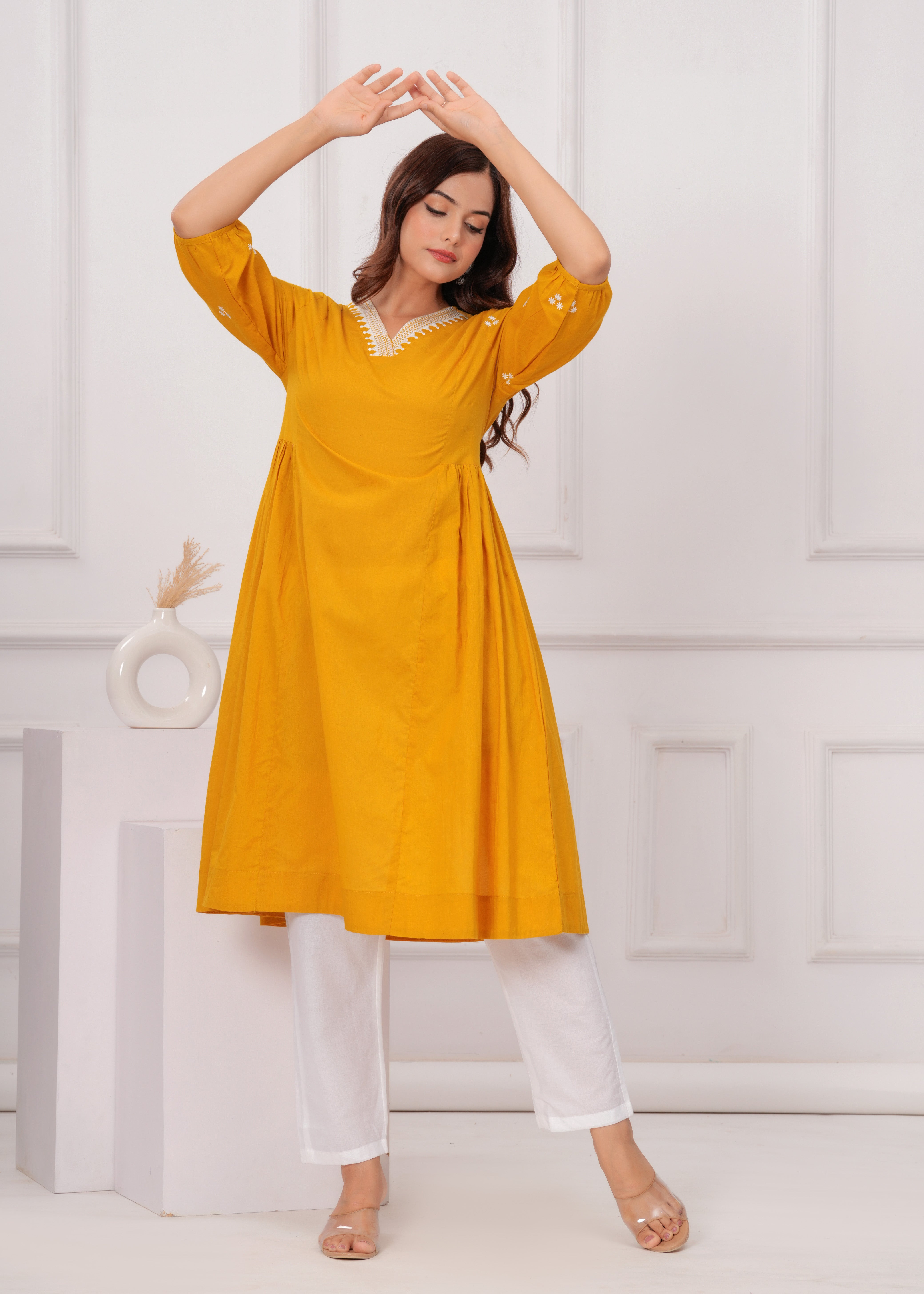 Yellow Brown Embroidered Reyon Kurta and Pant Set