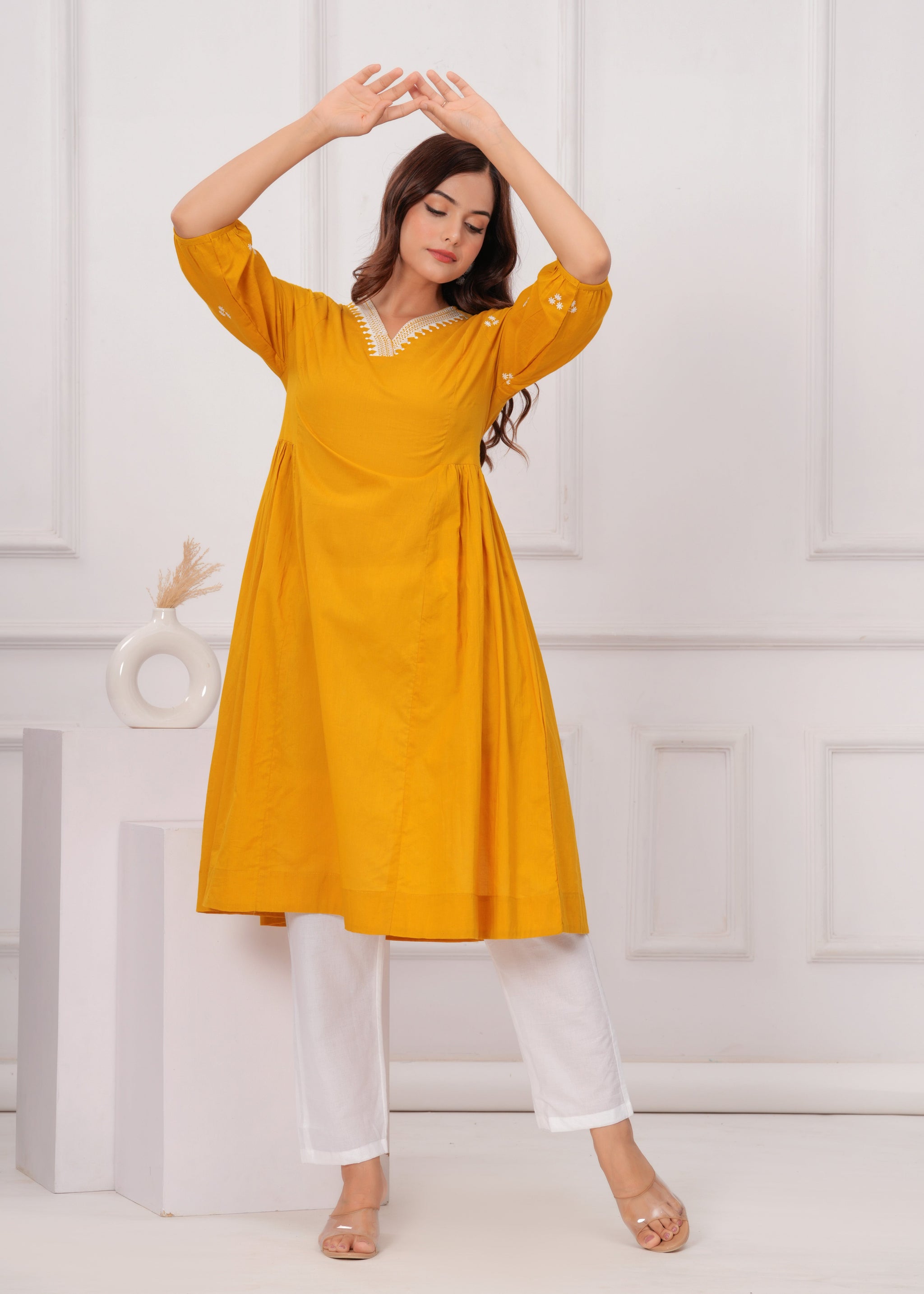 Yellow Brown Embroidered Reyon Kurta and Pant Set