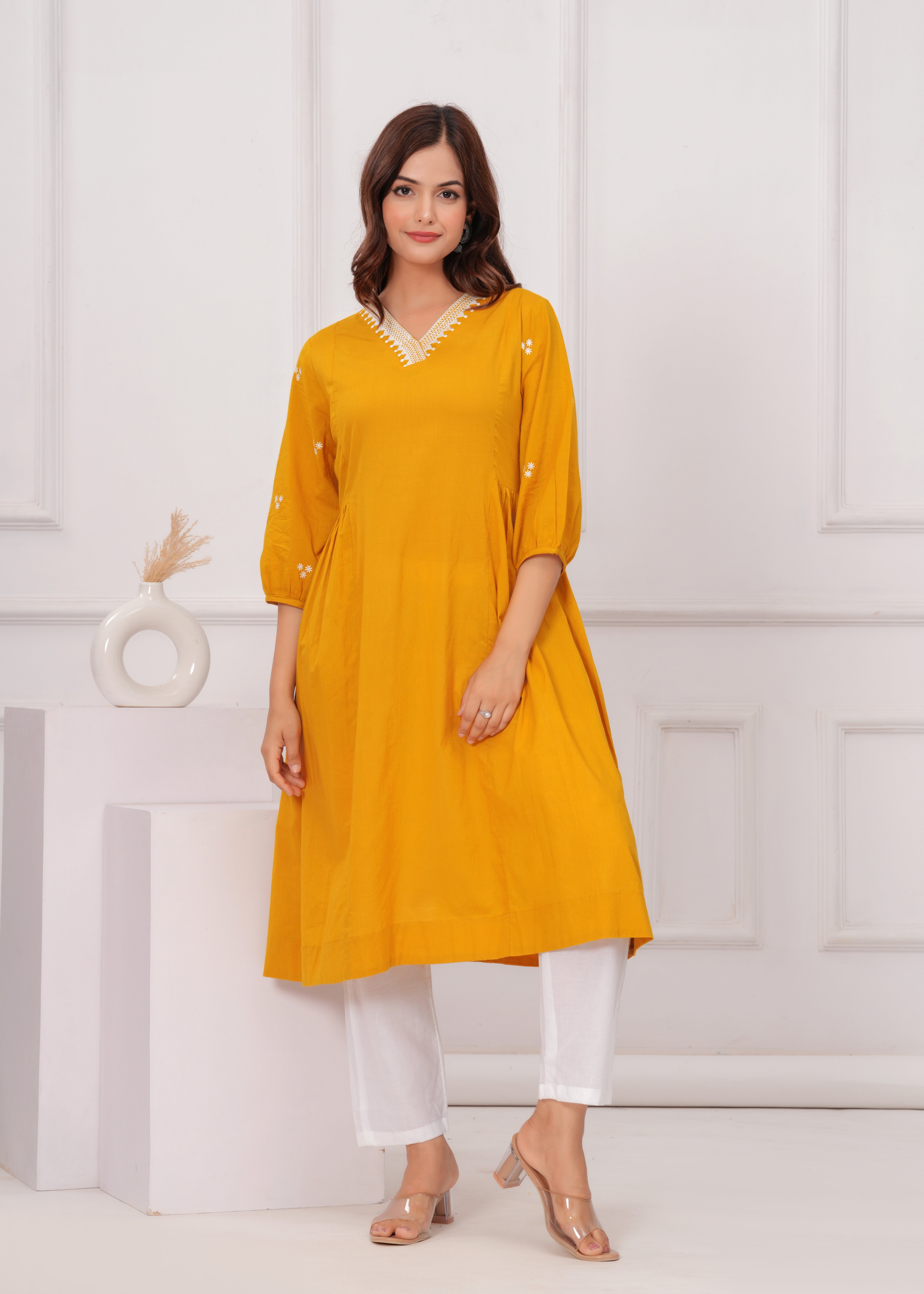 Yellow Brown Embroidered Reyon Kurta and Pant Set