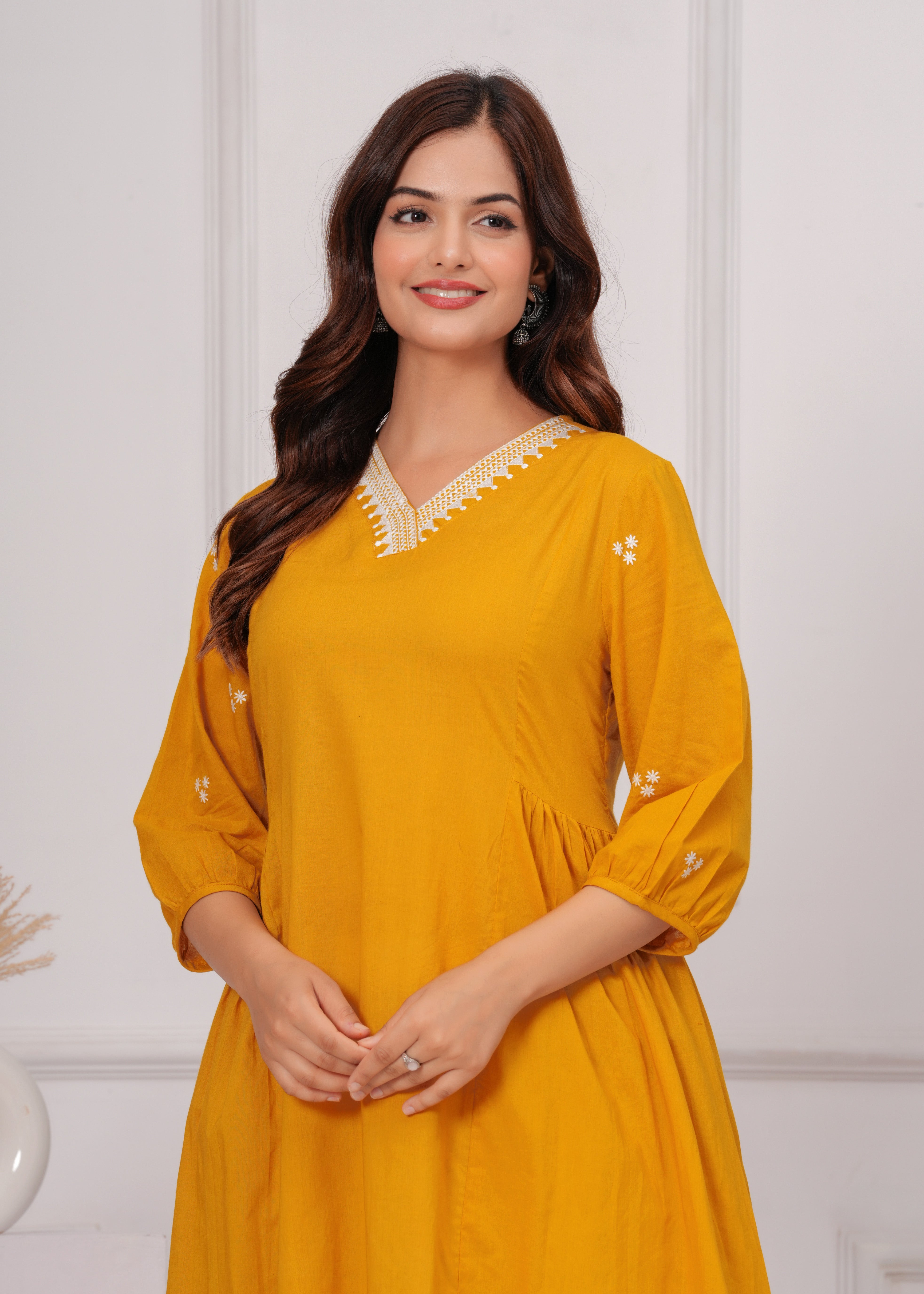Yellow Brown Embroidered Reyon Kurta and Pant Set