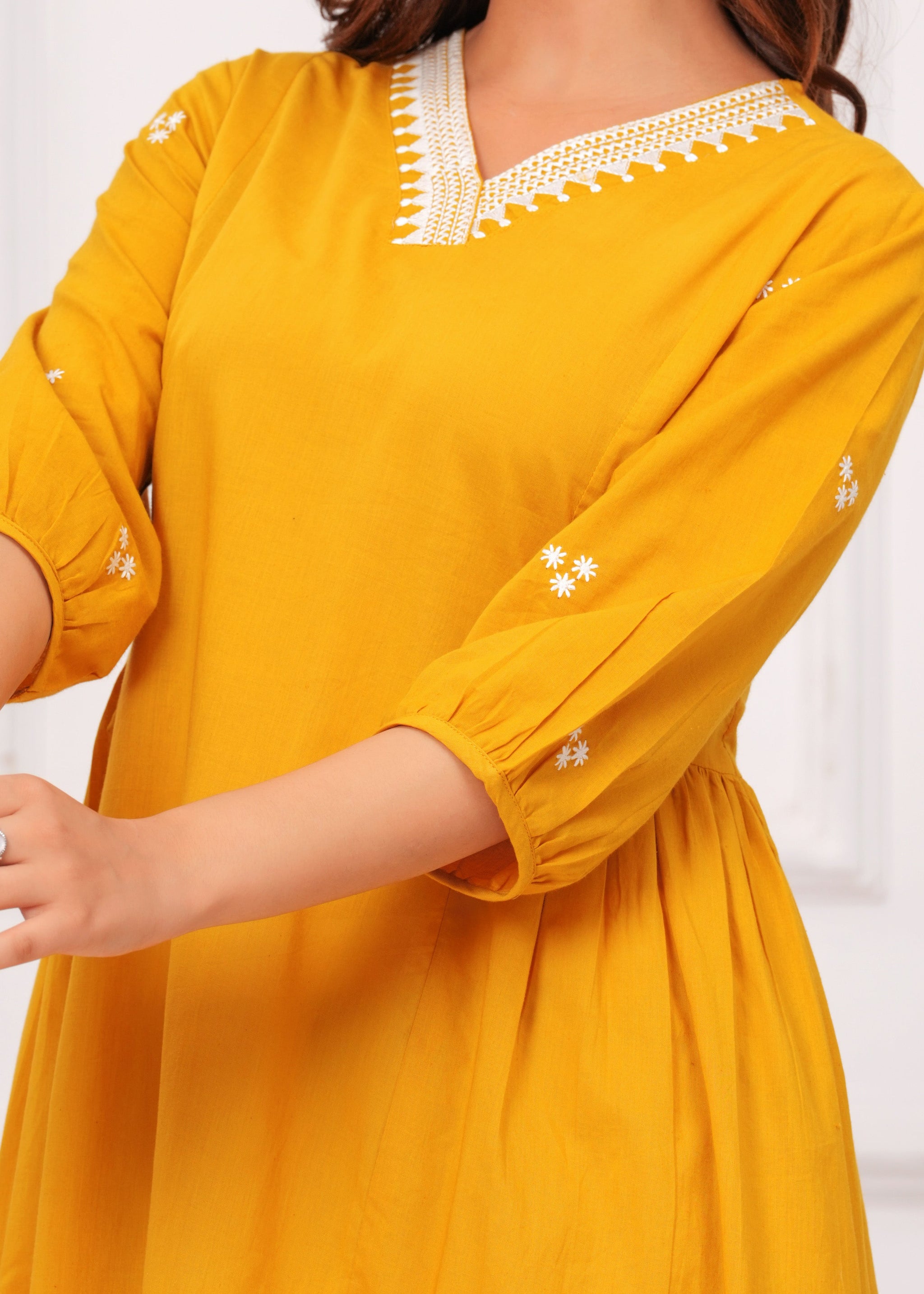 Yellow Brown Embroidered Reyon Kurta and Pant Set