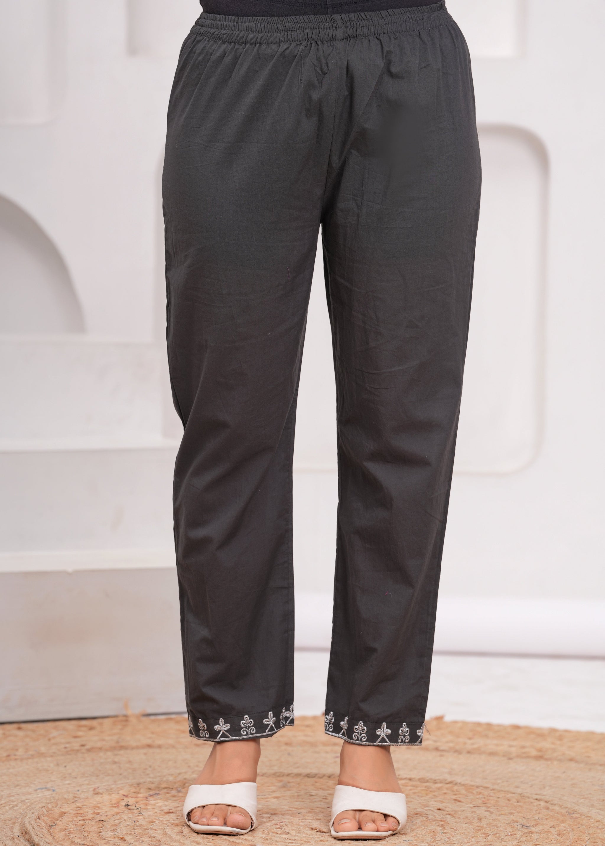 Dark Grey Embroidered Cotton Suit Set