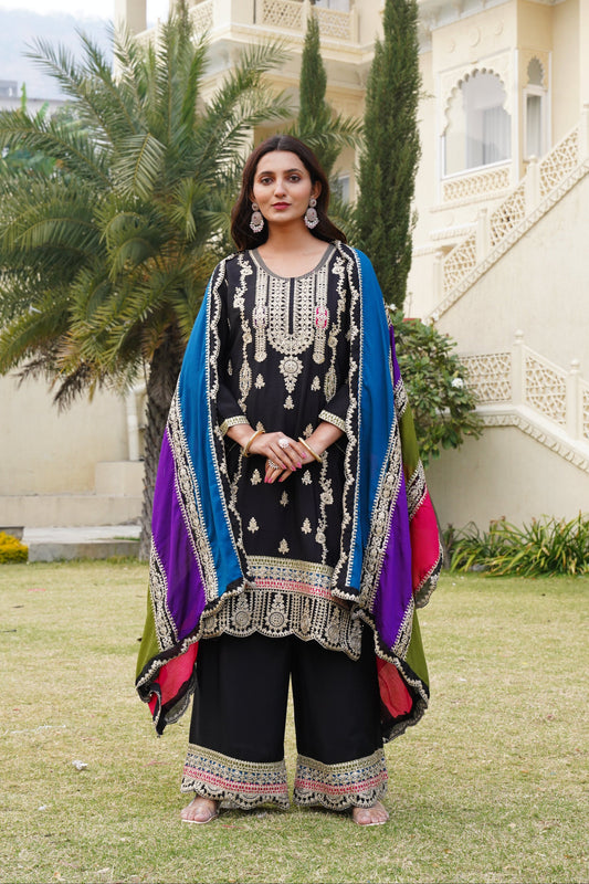 Black Heavy Embroidered Chinon Suit Set with Dupatta