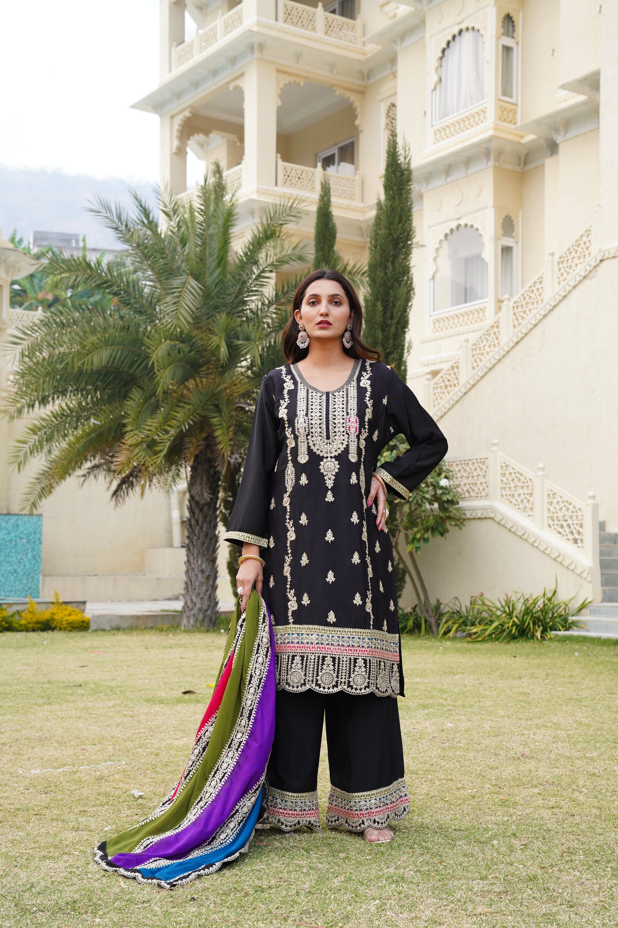 Black Heavy Embroidered Chinon Suit Set with Dupatta